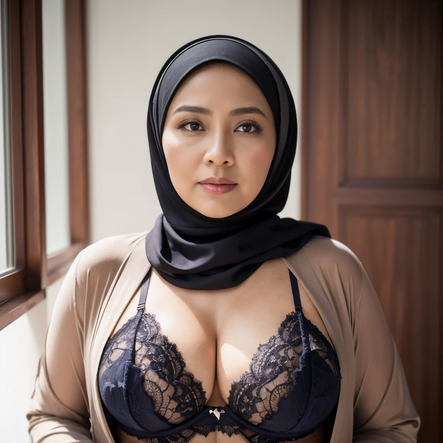 56 years Old, Hijab Indonesian mature woman, Big Tits : 46.9, Lace Bra, curvy body, Breast about To burst out from her clothes, at doctor office, High light, at daytime