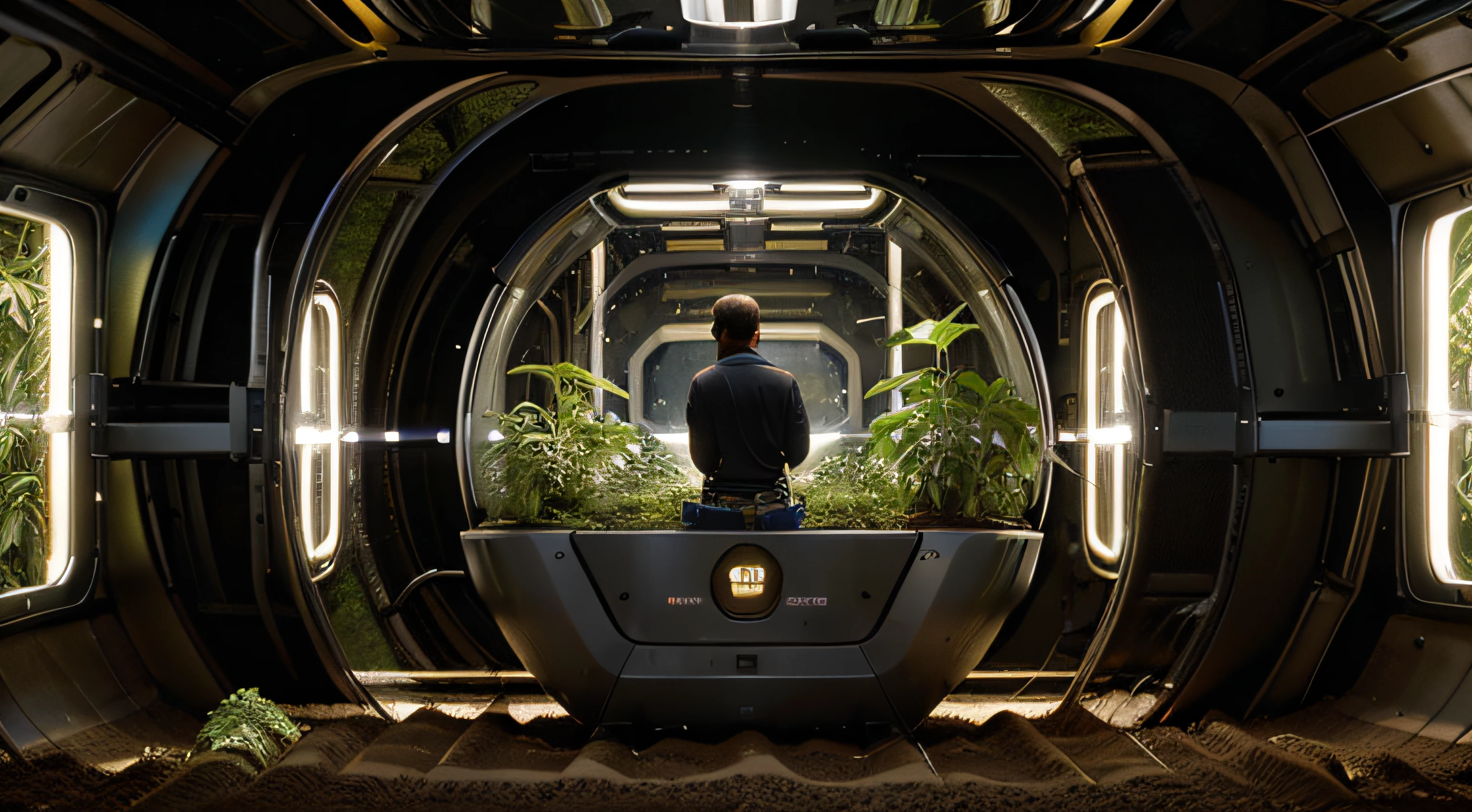 Harvesting potatoes in a space capsule, High-tech lights illuminate plants, Multi-layered, no pot, Plant directly in the soil, Neat, technical, metalictexture, Bright picture, different devices, A futuristic, Master of photography, Factory machine details, ultra-wide-angle, High realism, Light and Shade