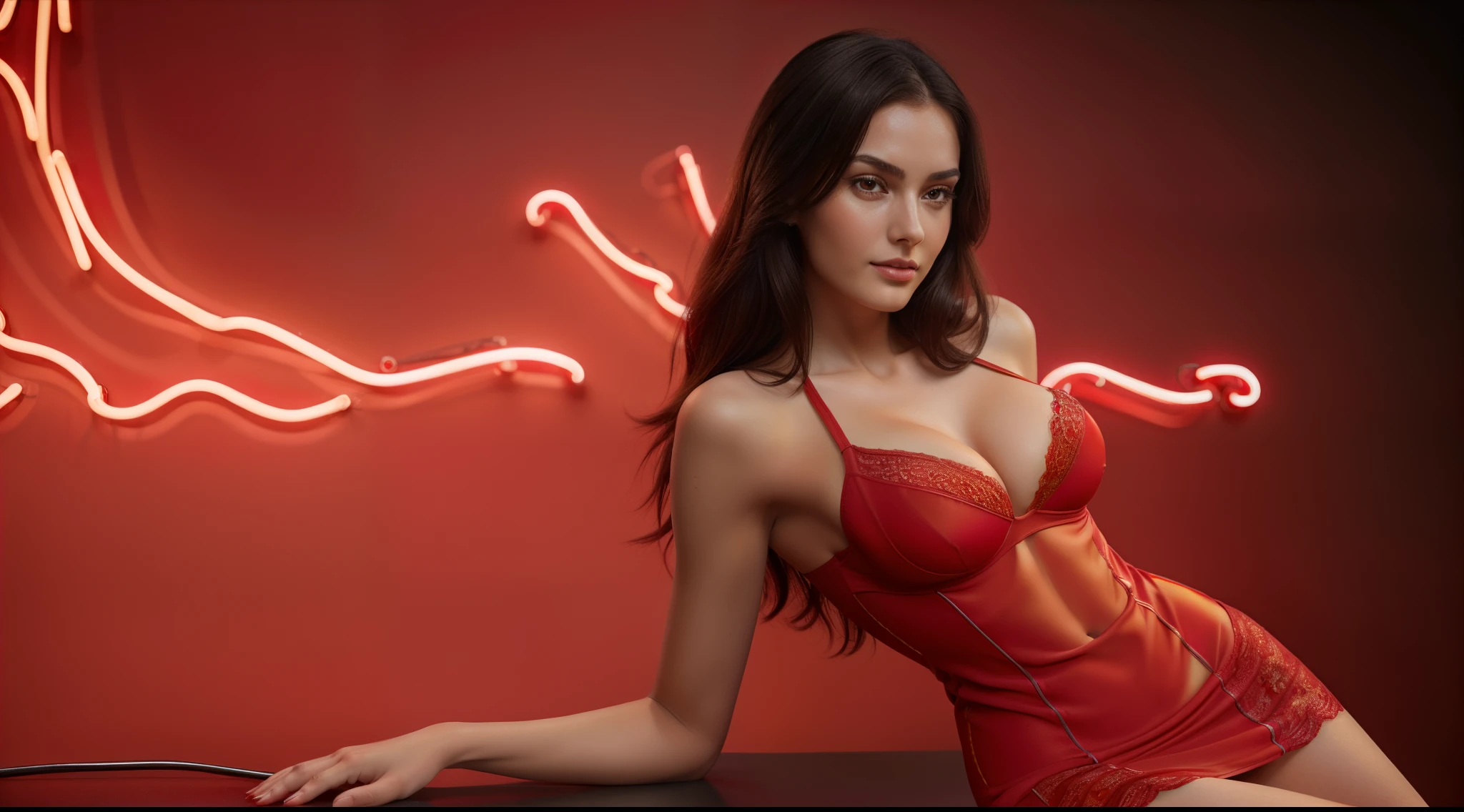 ((full-body, cinematic-shot)),(best quality,4k,8k,highres,masterpiece:1.2),ultra-detailed,(realistic,photorealistic,photo-realistic:1.37),(((1girl:1.4))),(((solo:1.4))),(((a girl alone:1.4))),(18-year-old),[the face is combination of (((irene1:1.2))) and (((Excella_er5:1.2)))],(sharp focus:1.5),pearl skin,(skin pores:1.1),extremely detailed face and skin texture,(skin texture:1.1),black hair,tall and slender body,(192cm tall),thin and delicate figure,graceful posture,flawless skin,defined abs,perfect curves,feminine appearance,beautiful long legs,embodying elegance and beauty,(cleavage breasts,large breasts:1.2),((wearing a (red:1.4) ultra-short minidress:1.4)),queen crown,vibrant colors,extremely detailed and realistic (red) clothes,(film grain:1.3),(neon-lights abstract dark background:1.4),joyful expression,modern atmosphere,angelic ethereal beauty,studio photography,professional photography.