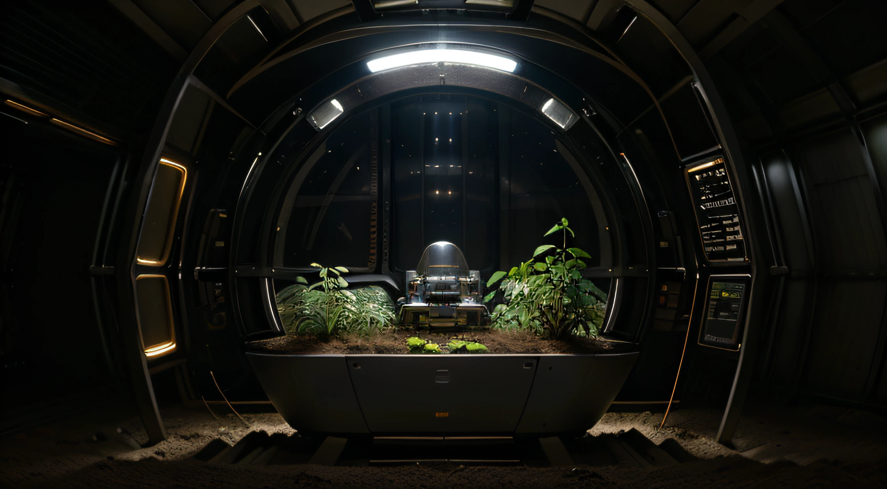 Harvesting potatoes in a space capsule, High-tech lights illuminate plants, Multi-layered, no pot, Plant directly in the soil, Neat, technical, metalictexture, Bright picture, different devices, A futuristic, Master of photography, Factory machine details, ultra-wide-angle, High realism, Light and Shade