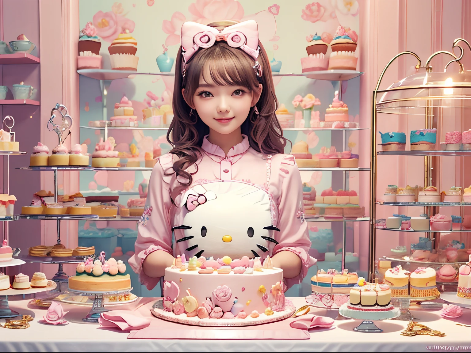 best quality, 4K wallpaper, masterpiece, extremely detailed CG unity 8k wallpaper, extremely detailed eyes, ultra-detailed, intricate details, 
1girl, fantasy, (h1c4tt3ch cake), cake shop, happy, smile, hello kitty, adorable, cute, pastel