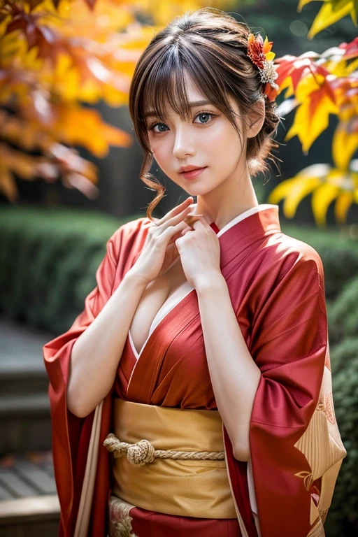 (masutepiece:1.3, Photorealsitic:1.4, 8K), top-quality, masterpiece, 超A high resolution, Professional camera work, Grow Light Effect, Realistic portrait, Cinematic Light, Highly detailed skin and facial texture:1.3, Perfect dynamic composition, The ultra-detailliert, A detailed eye, Detailed limbs, autumn night, Lit up, Autumn foliage scenery:1.2, 1girl in, Cute sexy 23 year old slim woman, Fair skin, Autumn leaves are dancing:1.2, (Enraptured look:0.9, Totally captivates you:1.0), (Red kimono:1.35, Only the shoulders are exposed), (voluptuous breasts:0.9), (Facing the front, randome pose), (Beautiful blue eyes, Eyes that feel beautiful eros:0.85), Sexy face:0.4, (A mouthfeel that feels beautiful eros:0.85), ((Too cute beauty:0.9))