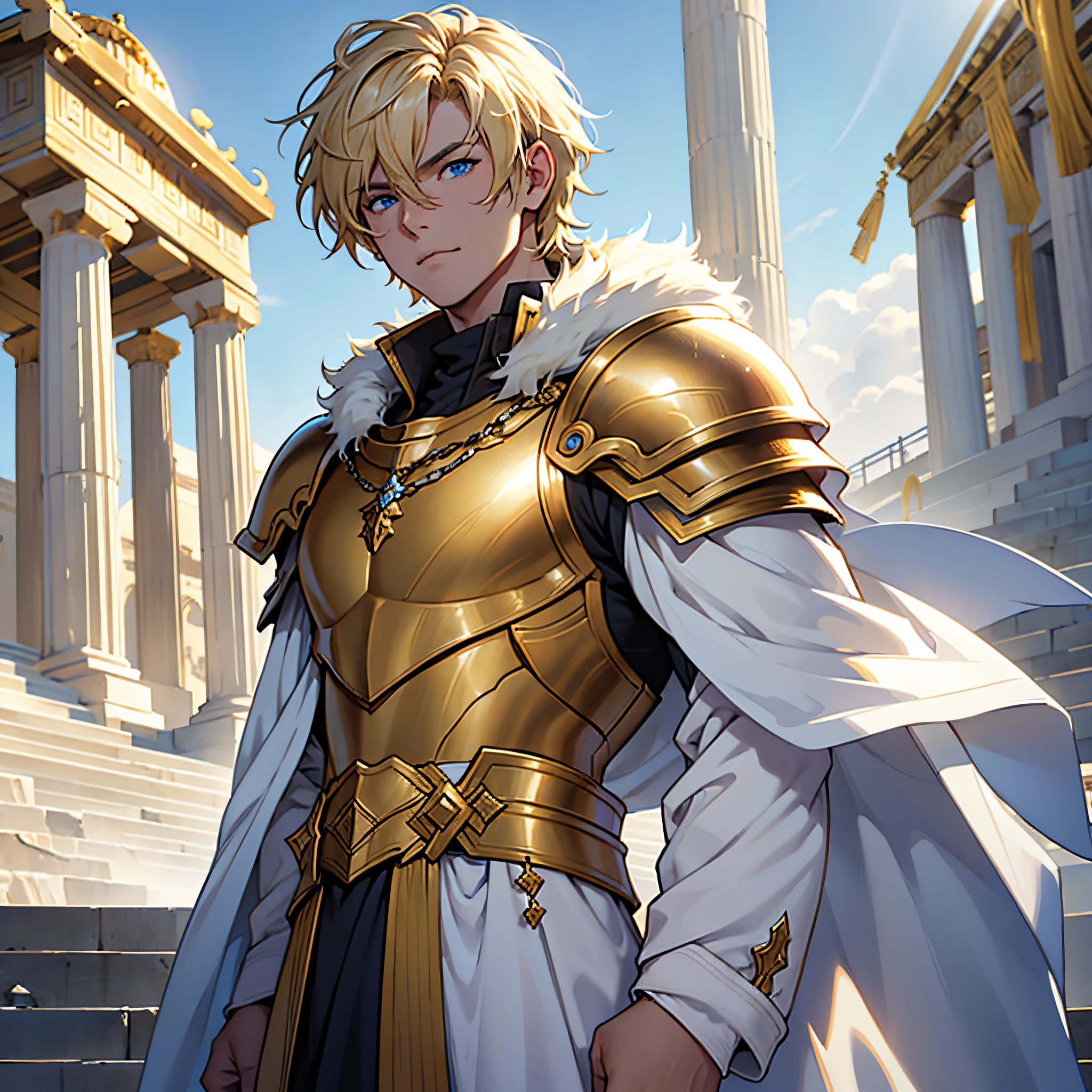 masterpiece, Best Quality, 4k, Very detailed, Close-up of a person'Upper body body, Background with:In front of the golden Greek temple stairs built on the lake, One knight wearing a white cloak with fur over golden armor, Blonde very short hair, Blue Eyes
