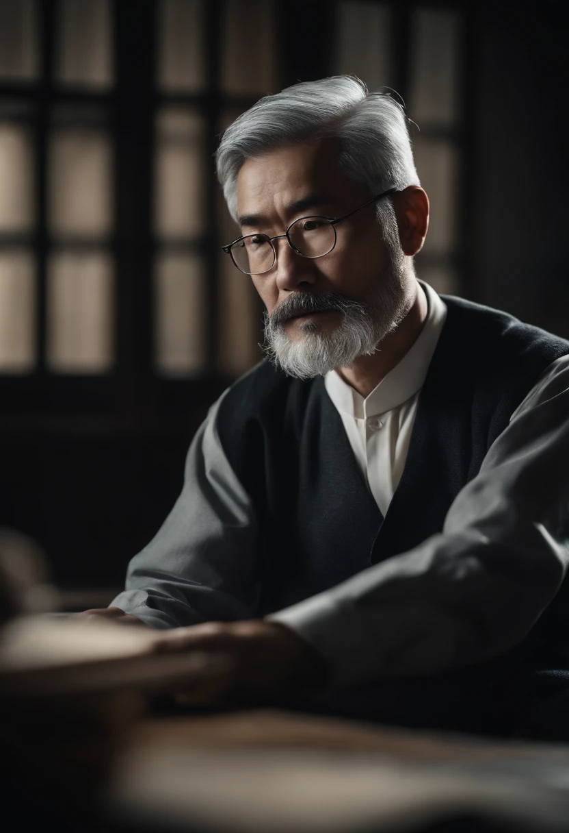 a gray-haired、Bearded middle-aged scholar，Asian，with a watch，Professor giving lectures