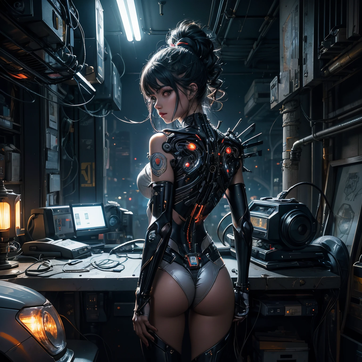 Qualidade Superior, master part, Ultra high resolution, ((fotorrealista: 1.4), Foto RAW, 1 girl, cabelos pretos, pele brilhante, 1 mechanical girl, (Detalhes ultra realistas)), global ilumination, Sombras, octane rendering, 8k, Ultra sharp, Clivagem Exposta, metal, detalhes intrincados do ornamento, Egyptian details, detalhes muito intrincados, luz realista, CGSoation trend, Facing the camera, Neon details, mechanical limbs, blood vessels connected to the tube, mechanical vertebrae attached to the back, mechanical cervical attachment to the neck, wires and cables connecting to the head, Evangelion, small bright LED bulbs, (deslumbrante paisagem urbana Cyberpunk em segundo plano).