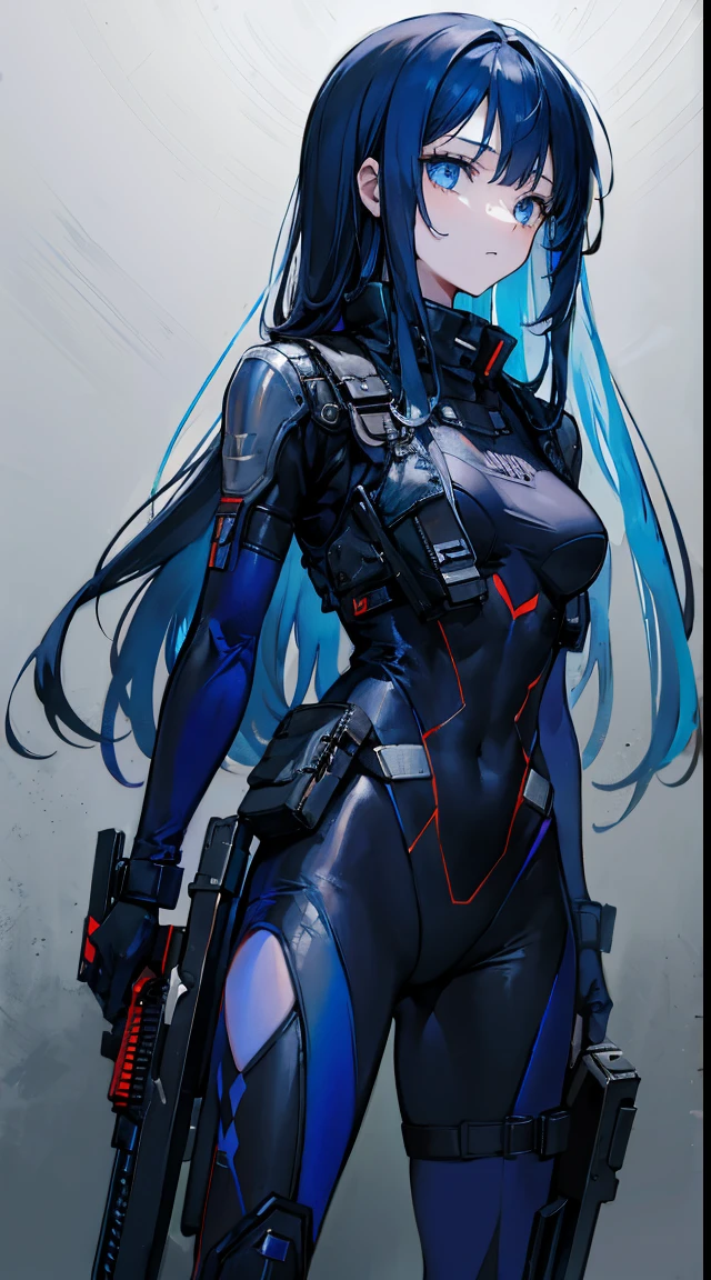 nothing background，girl，Carry a firearm，Torn clothes，tightsuit，use of firearms，dark blue long hair，heads up，blue color eyes,There are no gradients