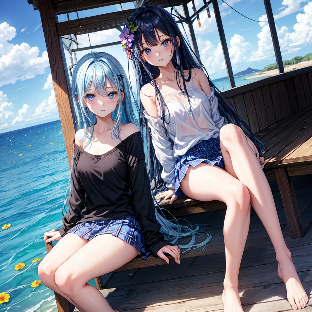 Red Blue Hair、One good looking girl、anime、Checkered mini skirt、Ruffles on the skirt、camisole、cardigan、Silver coin necklace、Desert Oasis、From above
