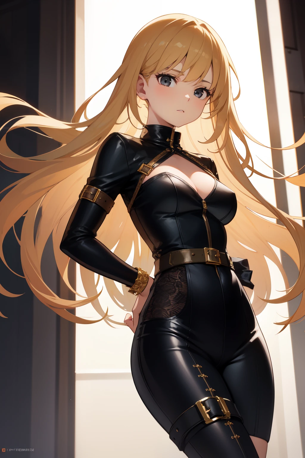 A woman in a black outfit standing in front of a window - SeaArt AI