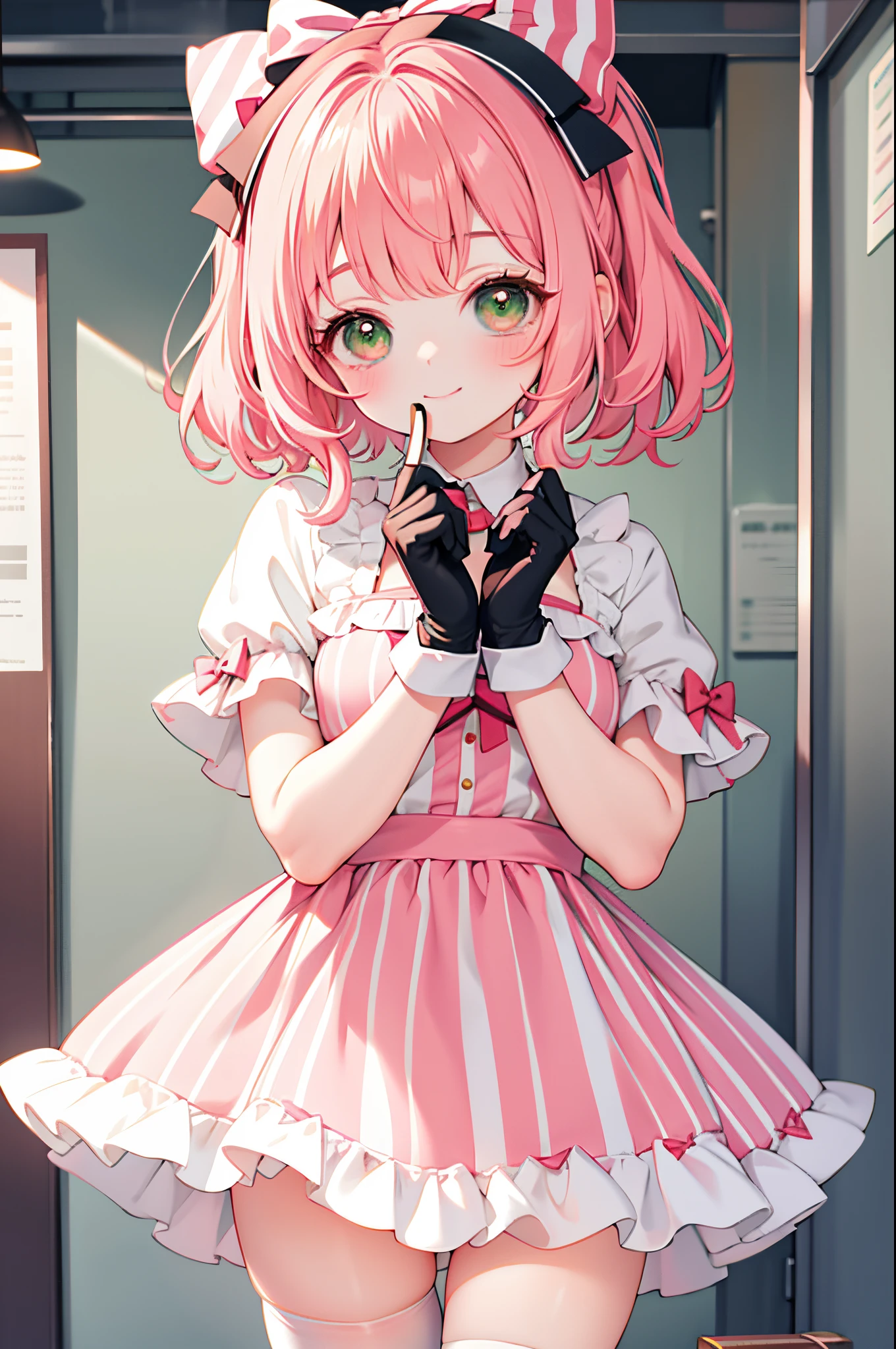 solo, 1girl, grace, gloves, candy striped, striped, striped legwear, bangs, Rustic Red short skirt, bow, blush, thighhighs, green eyes, smile, pink hair, two-tone hair, candy shop,highres,High detailed ,Colorful