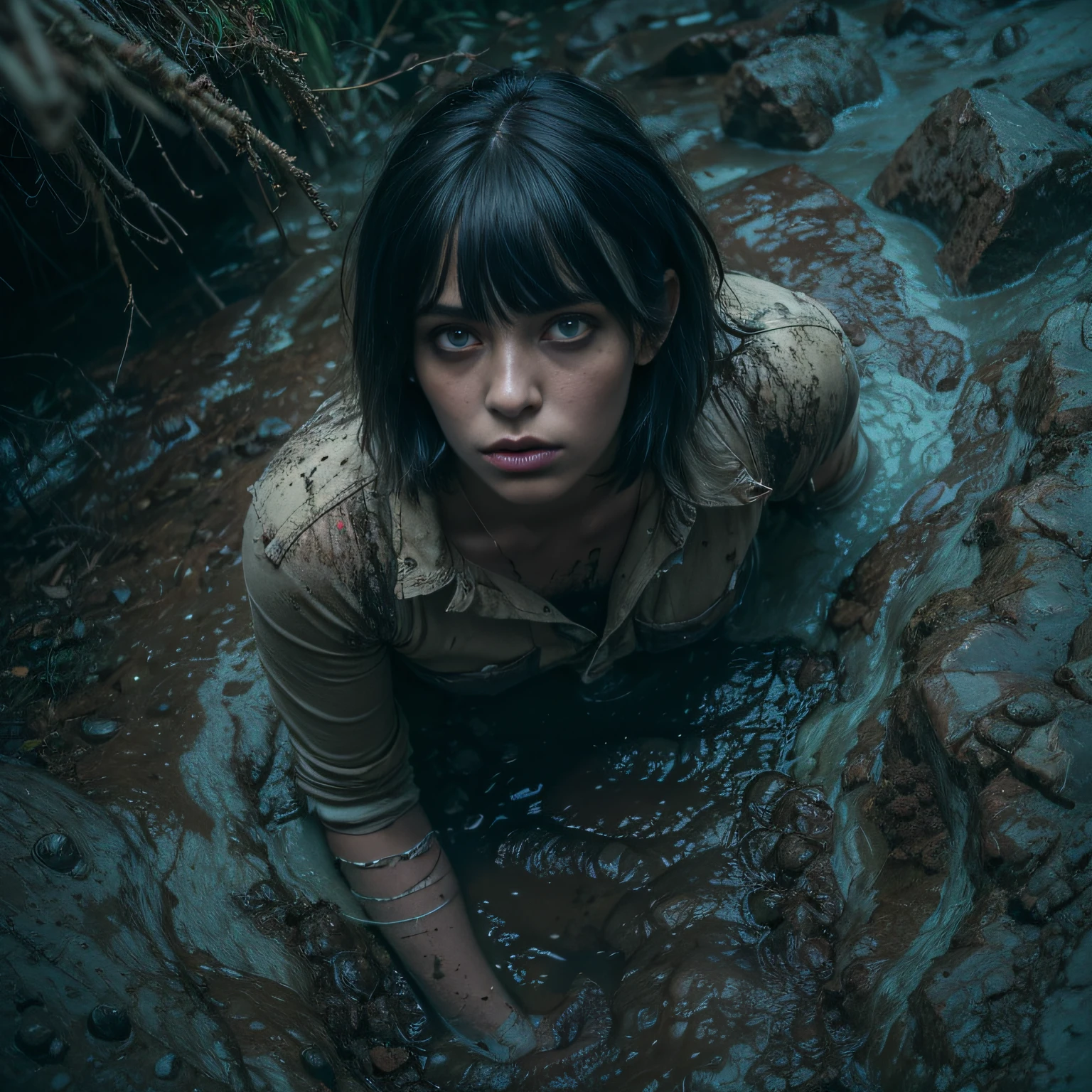 hot cleverage Terrified Sophia Lillis in water in torn up ruined clothes showing torso in background of fantastic jungle and muddy ground, clear white skin, wet and muddy, scratches everywhere, face dirty photography, natural light, photorealism, cinematic rendering, ray tracing, the highest quality, the highest detail, Cinematic, Third-Person View, Blur Effect, Long Exposure, 8K, Ultra-HD, Natural Lighting, Moody Lighting, Cinematic Lighting