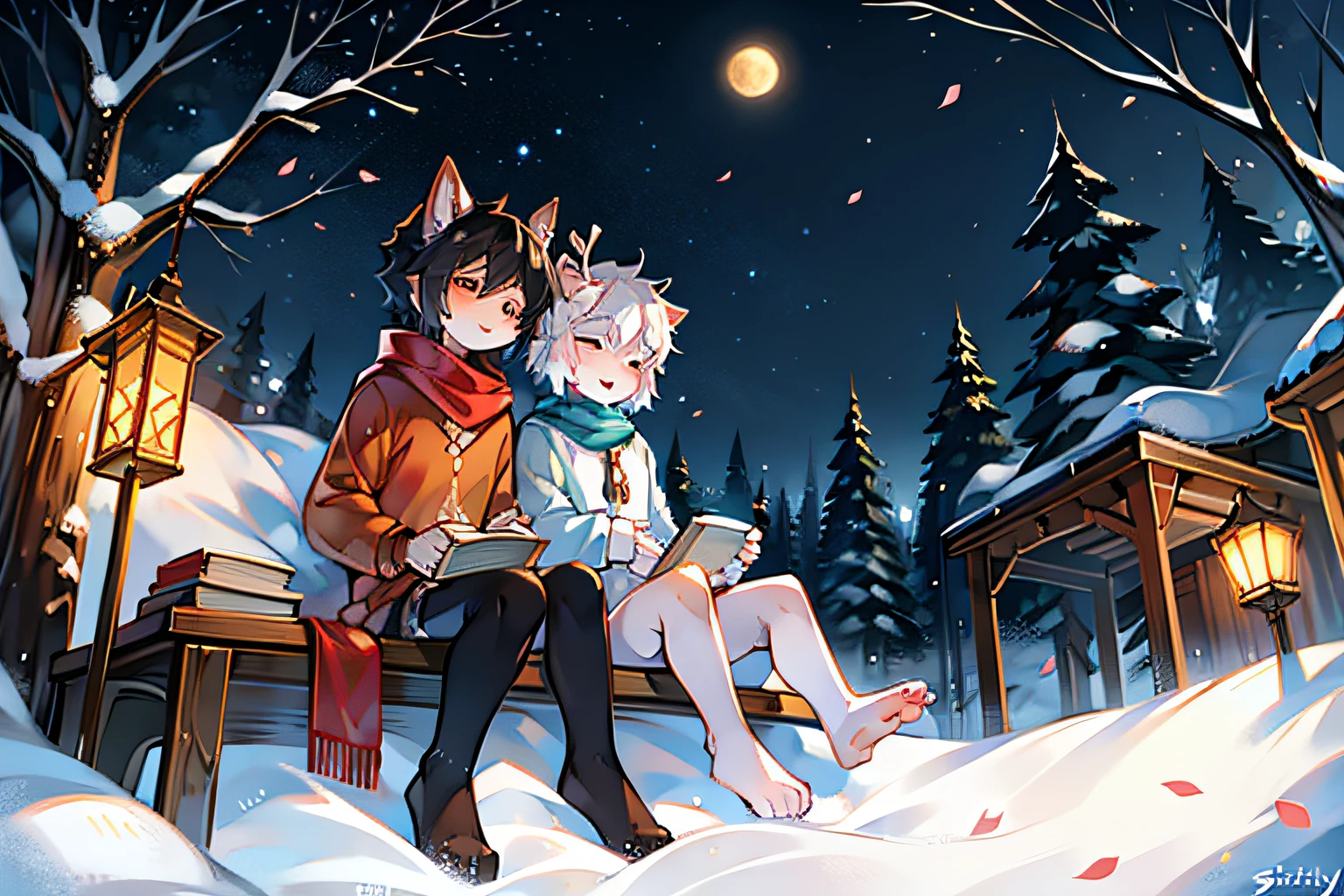 Wearing a white robe、white deer with antlers，Wolf with black hair and orange shirt，in the snow，starrysky，moon full，stars shining bright，falling flower petals，Peach blossom tree，shota，lovely boy，two guys，peaceful night，ornate backdrop，gentleness，Wear a scarf，wear a sweater，lantern in hand，in woods，sitting against a tree，Leaning together，Falling white petals，Close her eyes，starrysky，two guys，gentleness，Clear facial features，With a book on his lap，