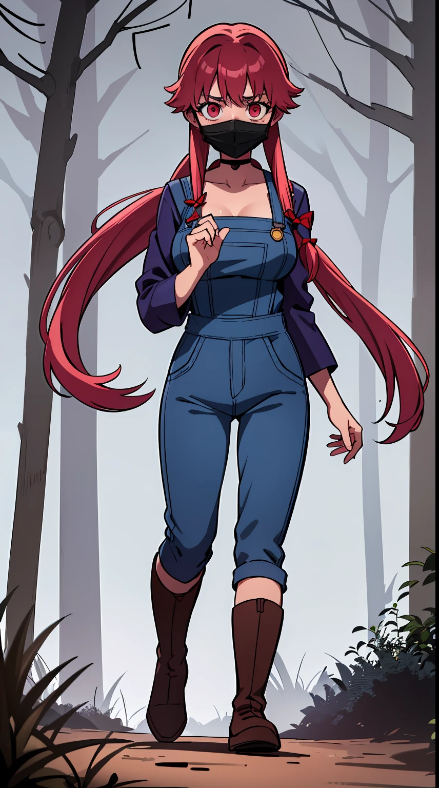 explicit, beautiful, amazing, high quality, detailed background, a woman with large breast in a woods, 1girl, breasts , , , pink hair, large breasts, twintails, long hair, solo focus, mirai nikki, black choker, dark grey overalls, leather gloves, black boots, ((face mask)), red eyes, chasing you through the woods, ((nigth)), crazy, ((crazy eyes)), ((crazy stare)) holding a bloody knife, (fanart of Gasai Yuno), (angry eyes:1.1), (perfect hands:1.4), (masterpiece), best quality, expressive eyes, VHS, ((nigth)), (Parfect Hand:1.3), 4k, 8k, 1980s, from below, (standing over you), wearing a jacket, (Blood:1.1)