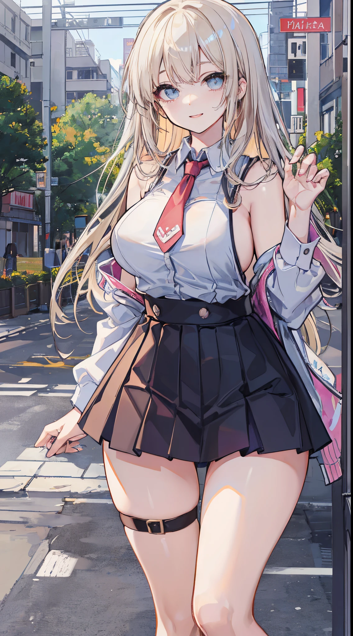 top-quality、realistic touch,high-detail、photoRealstic、Long body、captive beauty、big eye、Strong platinum blonde eyelashes、platinum-blonde、full body Esbian、Sparkling eyes、Submissive smile、Flushed cheeks、Kamimei、thin-waist、Voluptuous thighs、Enraptured look、Raked bangs、The forehead is protruding、sleeveless、High school students in uniform 、skirts that are too short、No cleavage exposed、sideboob、high school uniform with tie