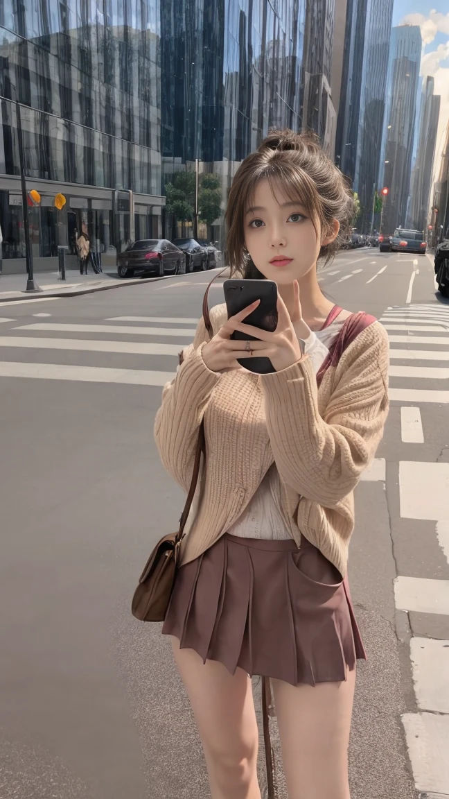 Beautiful woman, fiddling with cell phone in the middle of the street, short clothes