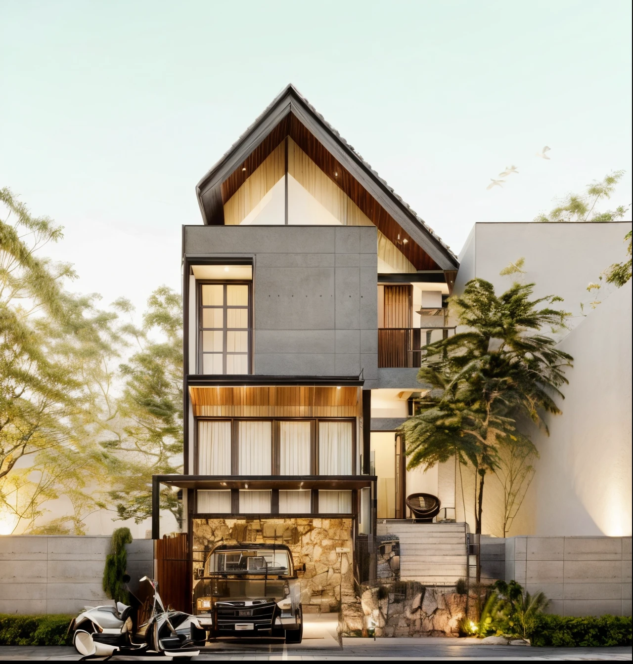 RAW photo, outdoor, (residential architecture exterior:1.3), 1 house architecture, (elegant), Singapore tropical modern house style, white wall and glass and rock and black steel and wood, (Luxury home with exquisite finishing:1.3), (wood),Beautiful tropical garden, warm yellow light in the interior, dark night sky, (high detailed:1.2), (Evening environment with warm dominant interior lighting), 8k uhd, ds, soft lighting, high quality, film grain, Fujifilm XT3