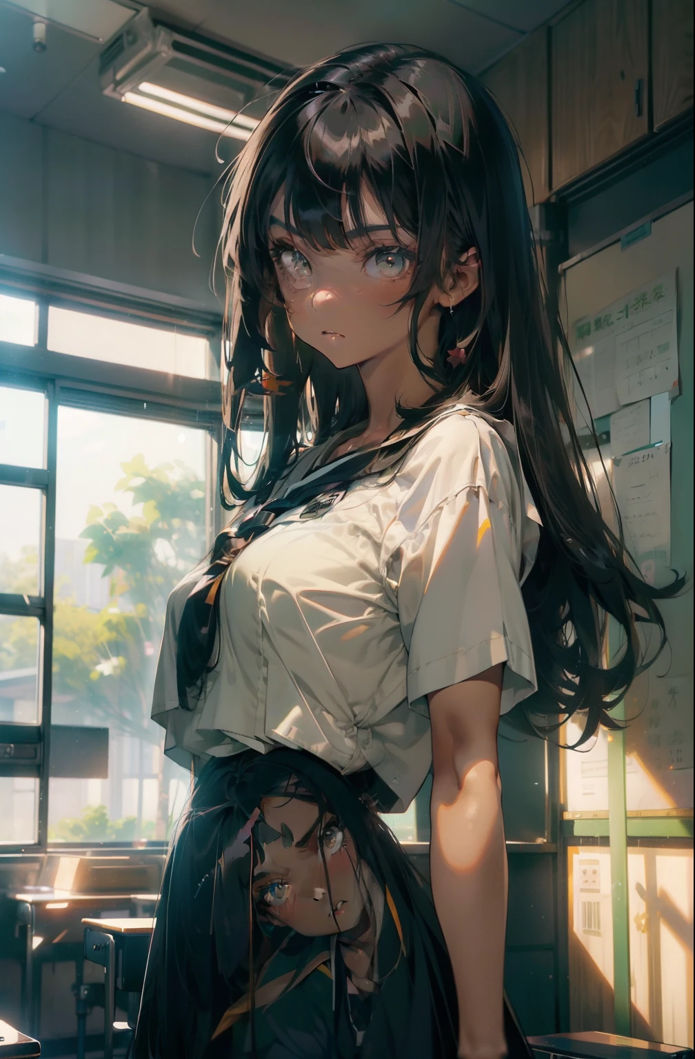 ((masterpiece,Highest quality;1.3,best illustration,realistic)),1woman、独奏,25 year old Japanese beauty,((very small head:1.3)),(center parted bangs,forehead),black hair,long hair,black eyes,gorgeous eyes,tears,shy,sad,medium breasts,((very long body)),((toned body,slender body,skinny)),gleaming skin,shiny skin,oily skin,sweat,(White tank top、No sleeve、Dark blue pleated mini skirt、A rolled up skirt)、White panties、Love juice、library、Tokyo、