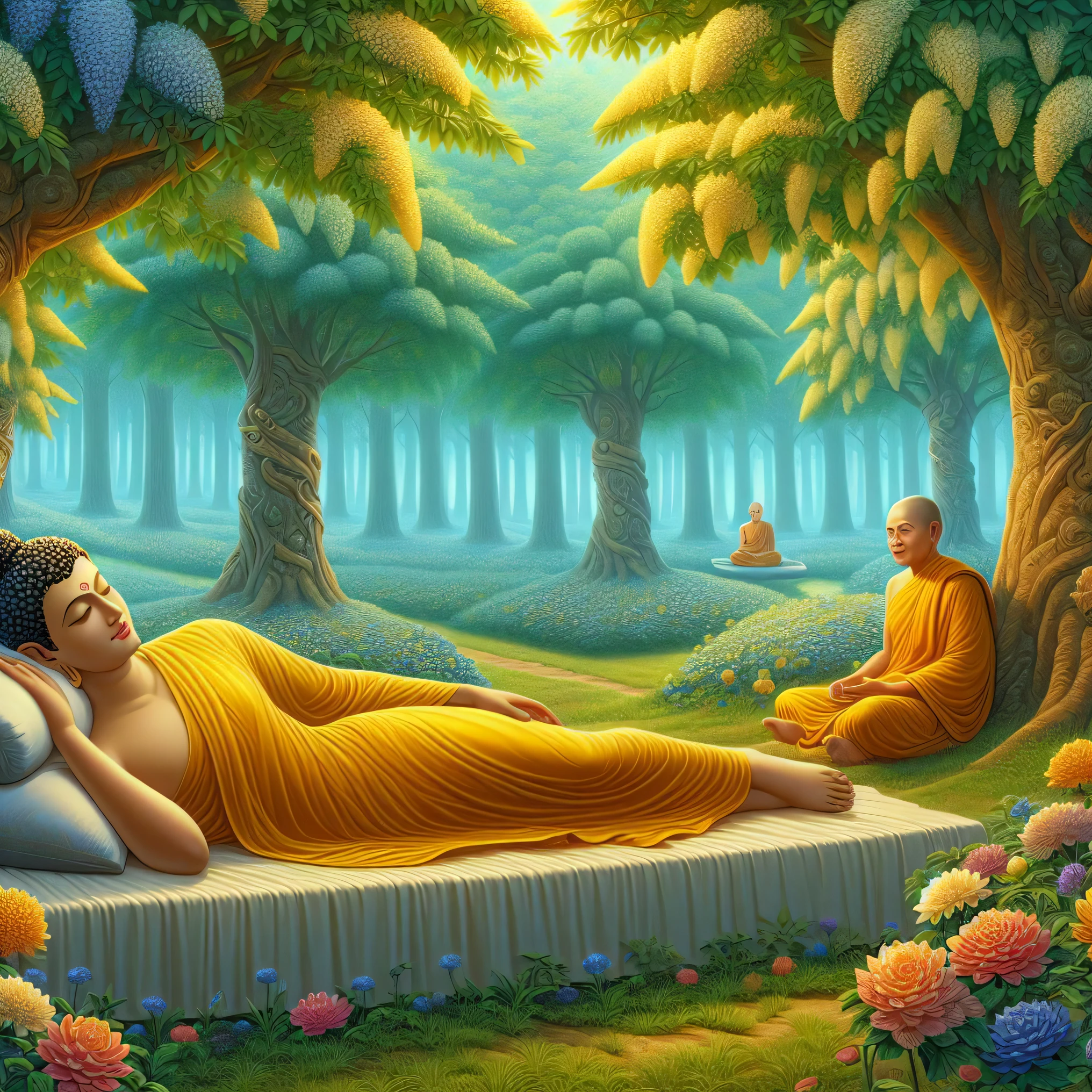 buddhas in a forest with a man sleeping on a pillow, serene illustration, monk meditate, buddhism, on path to enlightenment, by Alexander Kucharsky, by Vladimir Kush, on the path to enlightenment, dream scenery art, relaxing concept art, peaceful expression, buddhist monk meditating, dreamy art, buddhist art, the buddha, mystical purity, peaceful atmosphere