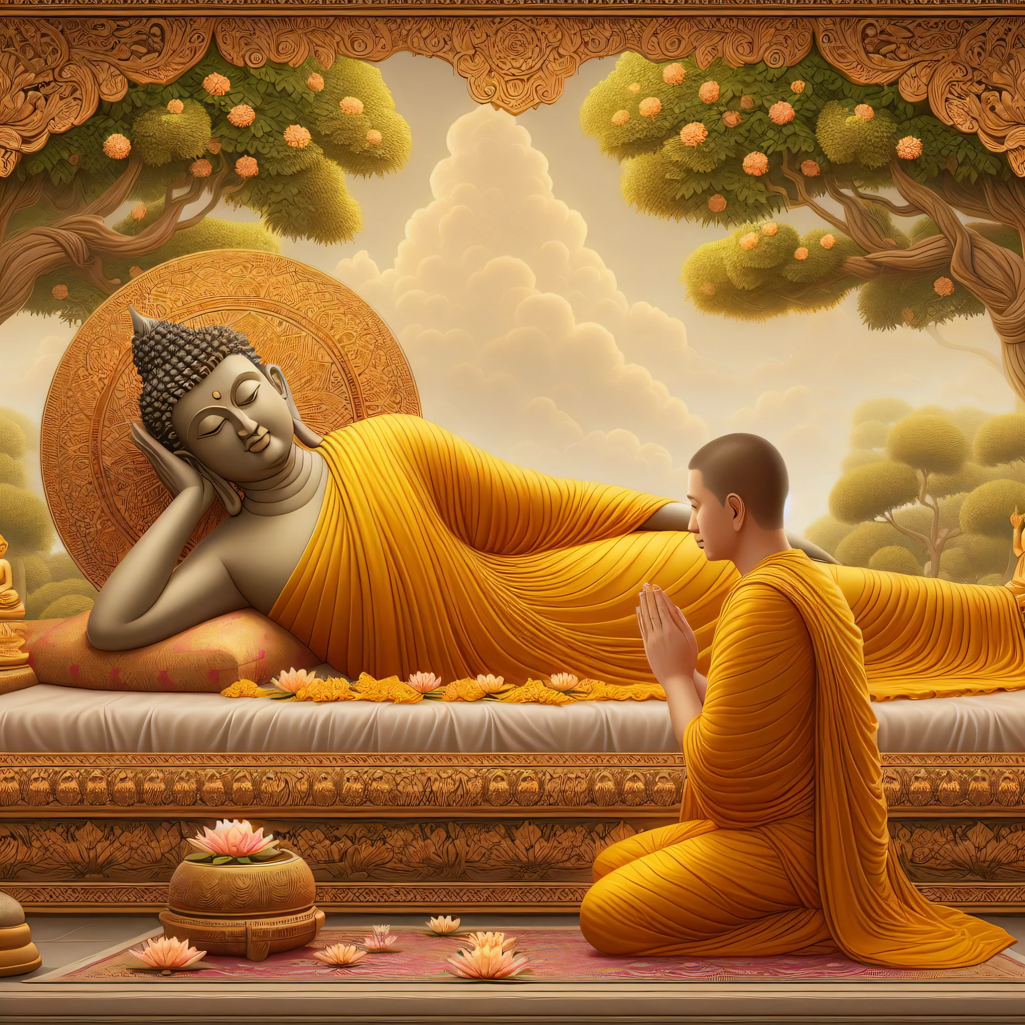 buddha sitting on a bed with a person kneeling down in front of it, buddhism, samsara, buddhist, monk meditate, buddhist art, buddhist monk meditating, the buddha, beautiful depiction, on path to enlightenment, praying meditating, hindu stages of meditation, on the path to enlightenment, buddha, karma sutra, floating in a powerful zen state