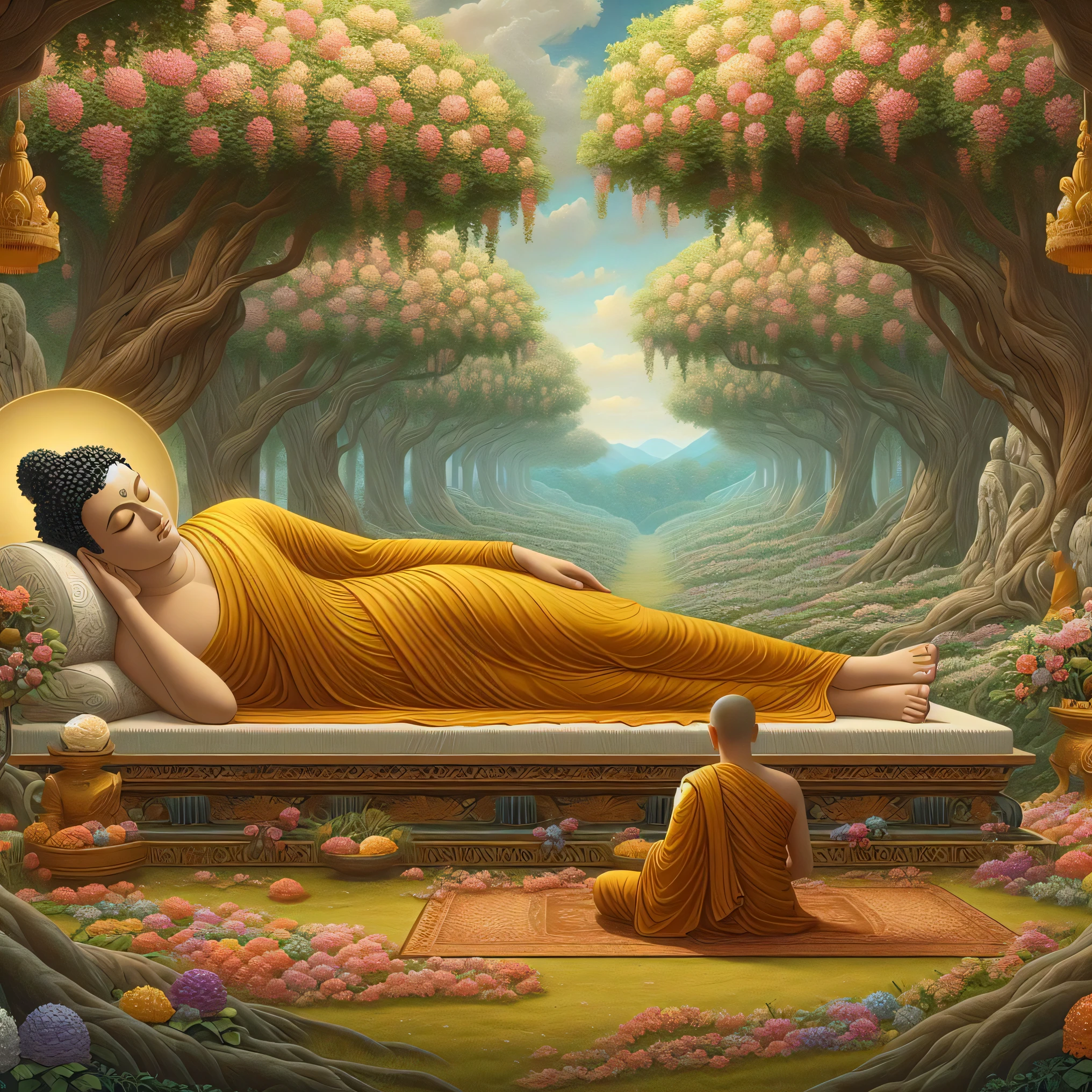 buddha laying on a bed in a forest with a person sitting on it, buddhism, the buddha, buddhist, buddhist art, buddha, buddhist monk meditating, monk meditate, samsara, by John La Gatta, on path to enlightenment, by Kerembeyit, by Artur Tarnowski, on the path to enlightenment, kerem beyit, beautiful depiction