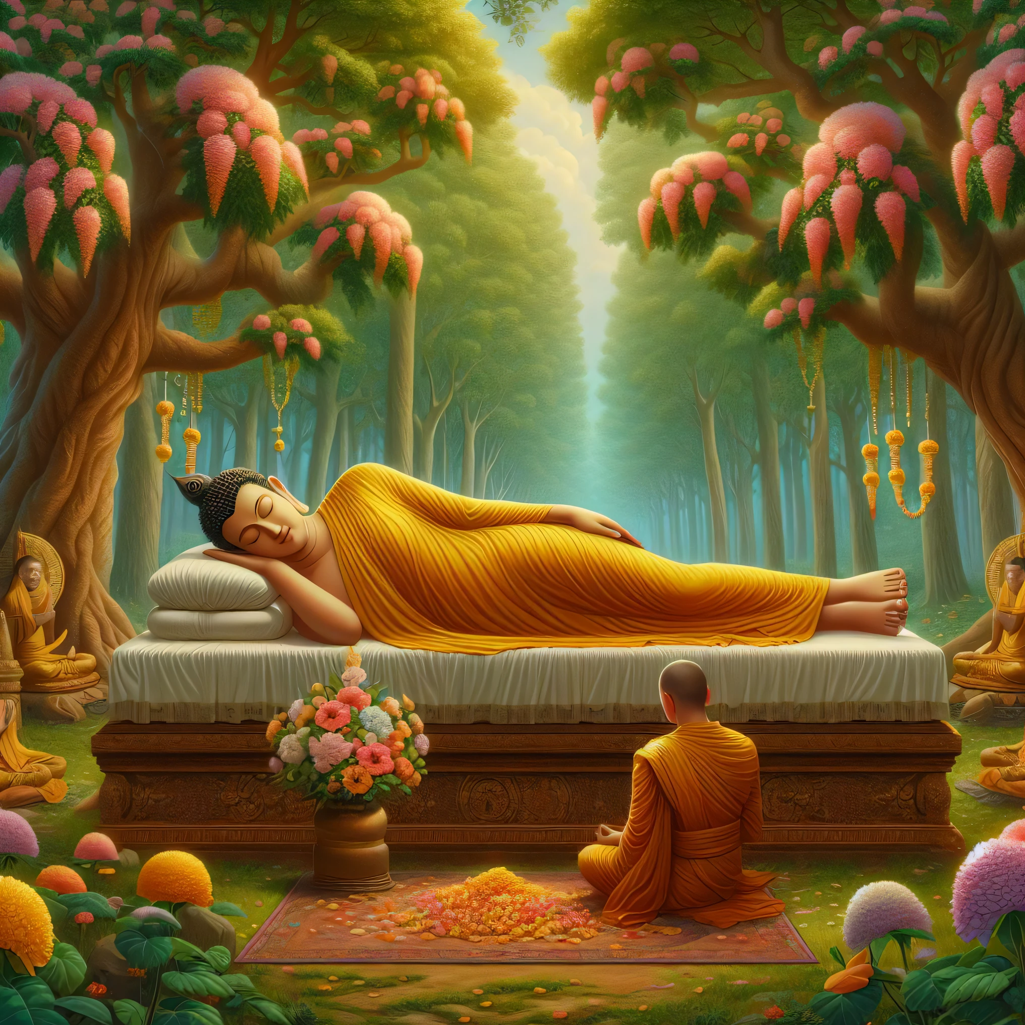 buddha laying on a bed in a forest with a monk nearby, buddhism, the buddha, buddhist, monk meditate, by John La Gatta, buddhist monk meditating, buddha, buddhist art, on path to enlightenment, serene illustration, by Nicholas Marsicano, samsara, an exhausted deity, by Alexander Kucharsky, by Wayne England, relaxing concept art