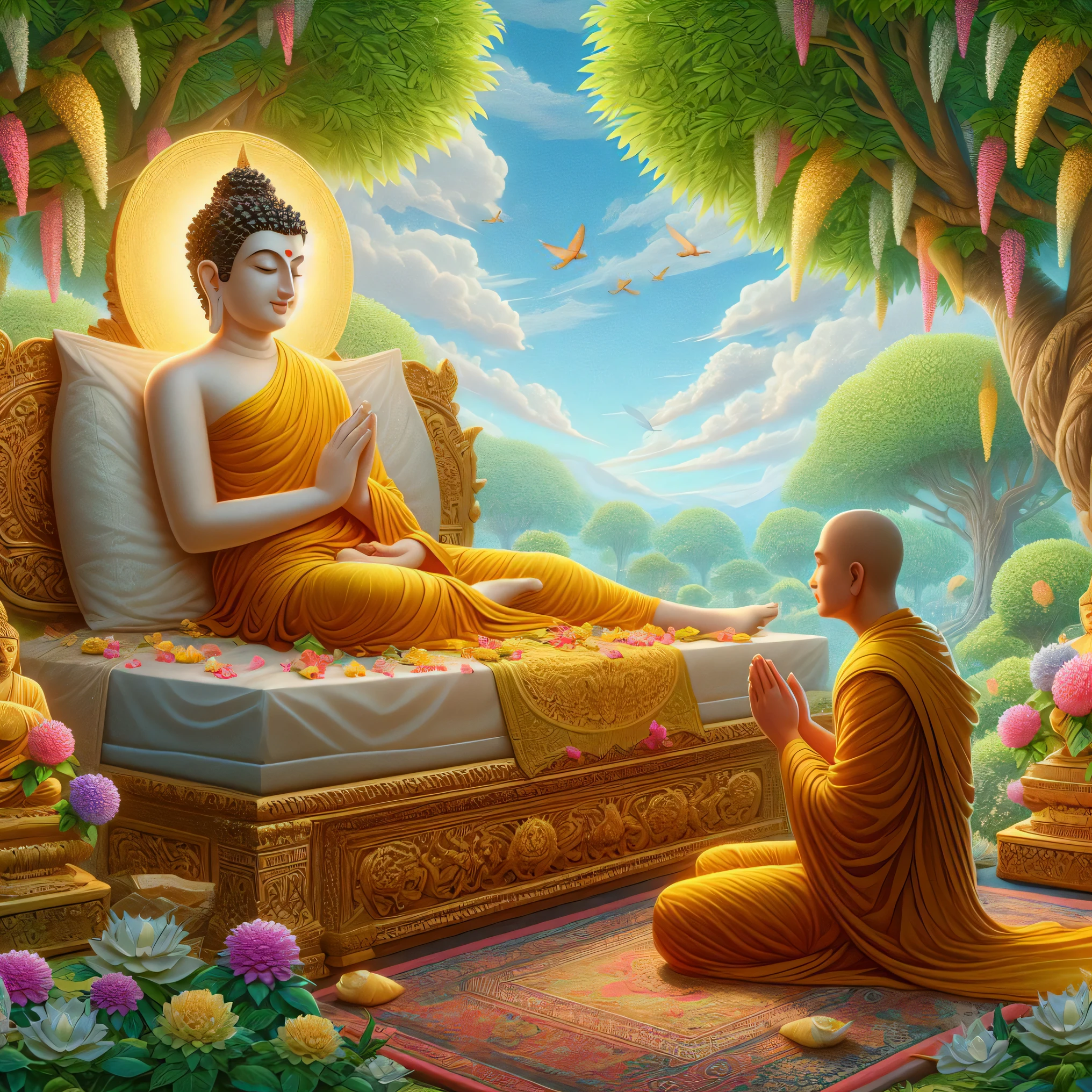 buddha sitting on a bed with a monk in the background, buddhism, buddhist, the buddha, buddhist monk meditating, buddhist art, buddha, monk meditate, hindu stages of meditation, on the path to enlightenment, on path to enlightenment, samsara, beautiful depiction, spiritual enlightenment, by John La Gatta, meditation, enlightenment, karma sutra, buddhist monk