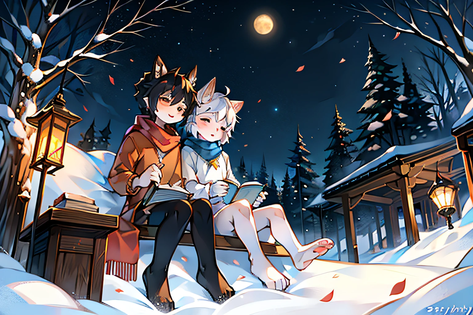 Wearing a white robe、white deer with antlers，Wolf with black hair and orange shirt，in the snow，starrysky，moon full，stars shining bright，falling flower petals，Peach blossom tree，shota，lovely boy，two guys，peaceful night，ornate backdrop，gentleness，Wear a scarf，wear a sweater，lantern in hand，in woods，sitting against a tree，Leaning together，Falling white petals，Close her eyes，starrysky，two guys，gentleness，Clear facial features，With a book on his lap，