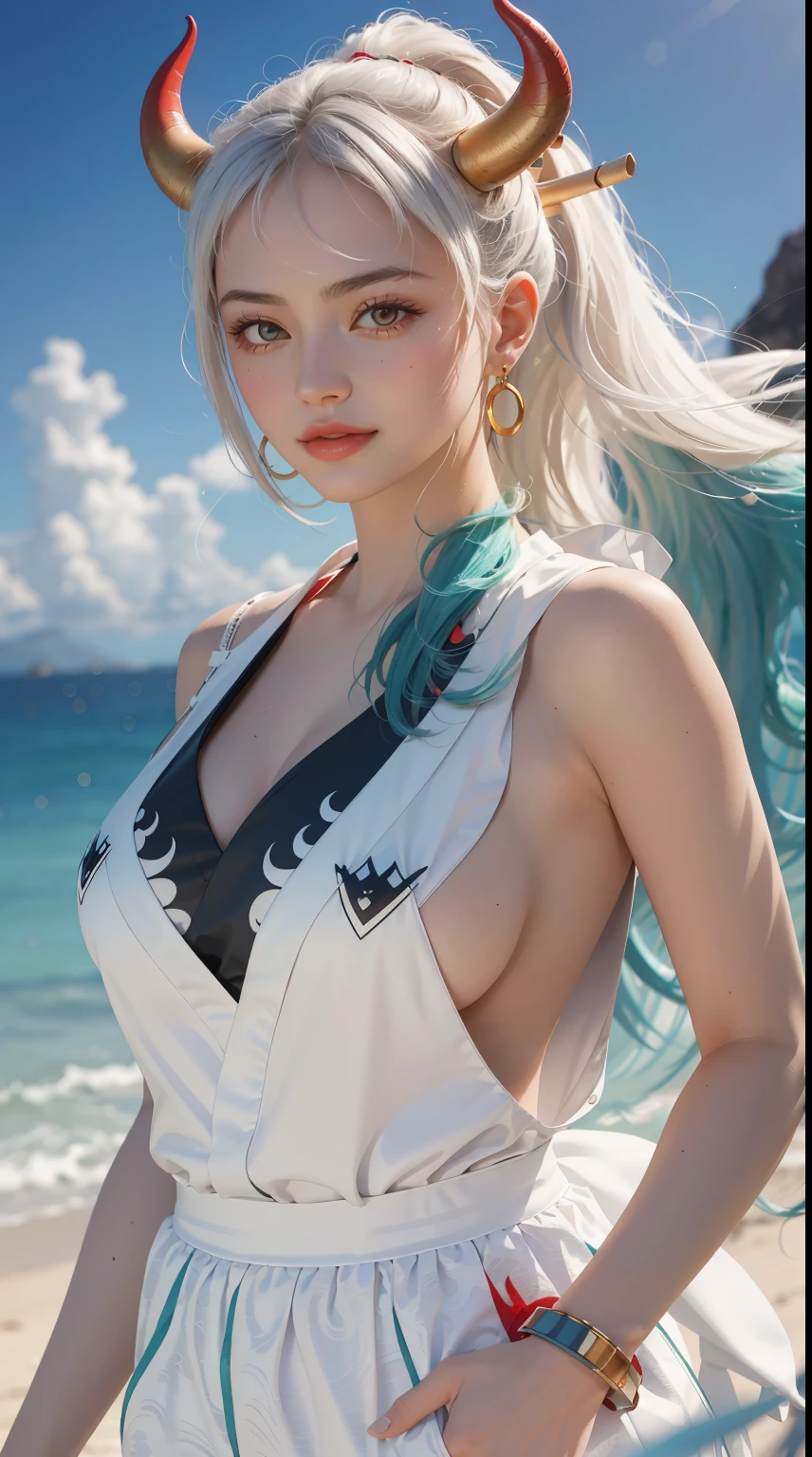 Masterpiece, Best quality, 1womanl, A high resolution,  Beautiful girl ,  yamatowanpi，Large breasts，cleavage，White color blouse，looks into camera，Bust photo，Raised sexy，Be red in the face，Sea background，ssmile