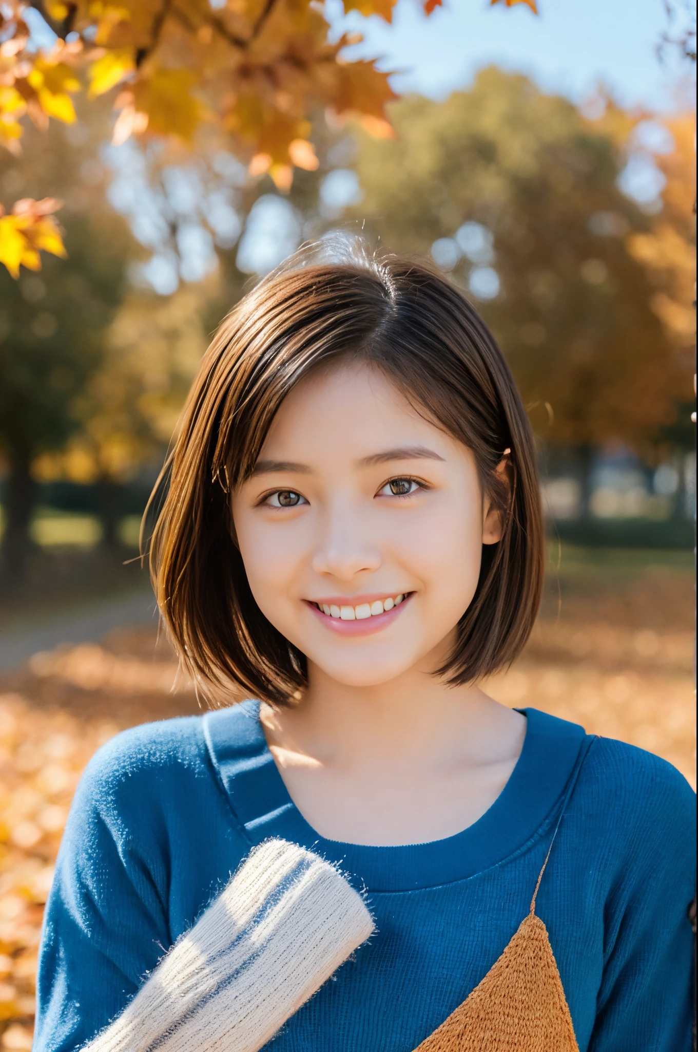 Look here and smile、Under the Autumn Sky、dressed casually、1 18-year-old girl, short whit hair, Close-up shot shots,Blue Top.One photo per person。