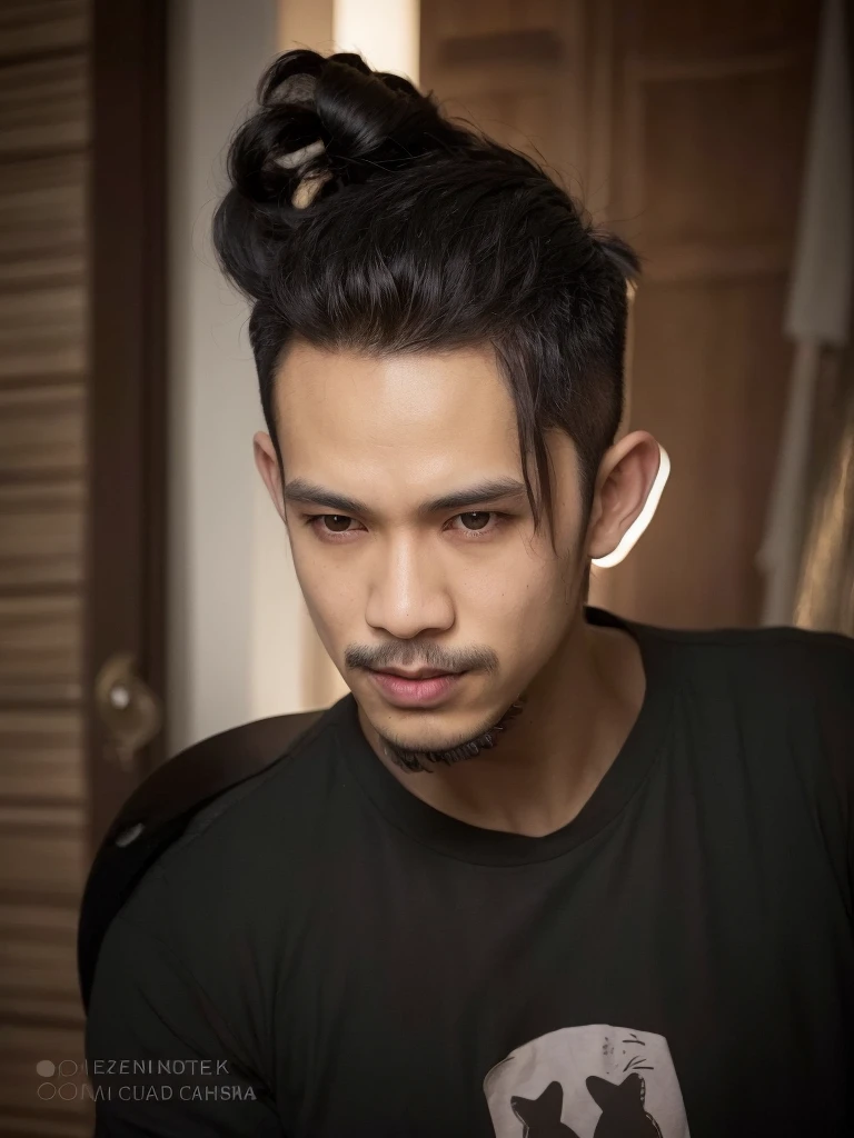 there is a man with a black shirt and a black shirt with a black and blue shirt, with same hairstyle, with long hair, wild hairstyle, ayan nag, south east asian with round face, buzzed hair on temple, with accurate face, mohamed chahin style, handsome face, short hair on top of his head, parted hair, one side haircut