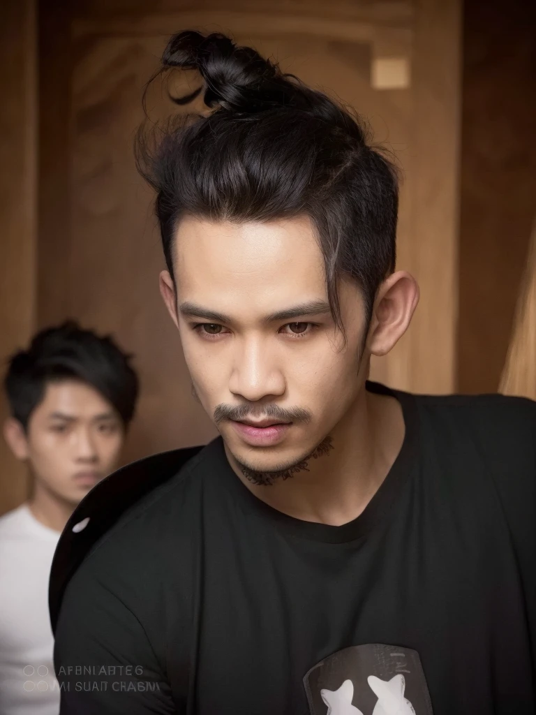 there is a man with a black shirt and a black shirt with a black and blue shirt, with same hairstyle, with long hair, wild hairstyle, ayan nag, south east asian with round face, buzzed hair on temple, with accurate face, mohamed chahin style, handsome face, short hair on top of his head, parted hair, one side haircut