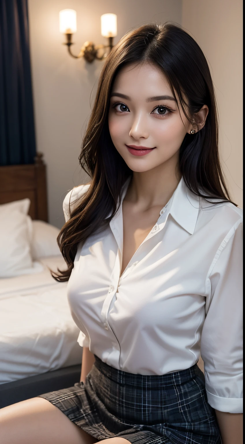 (1womanl), Beautiful, (Best Quality:1.4), (Ultra-detailed), (extremely detailed CG unified 8k wallpaper), Highly detailed, High-definition raw color photos, Professional Photography, Amazing face and eyes, makeup, (amazingly Beautiful girl), ((Business Suit)), ((Mini skirt)), (Business shirt with wide open chest:1.3), Sitting, (Spread your legs), (No panties:1.3), (dim bedroom, Electric Hand Massager:1.3), candle, (View from below)