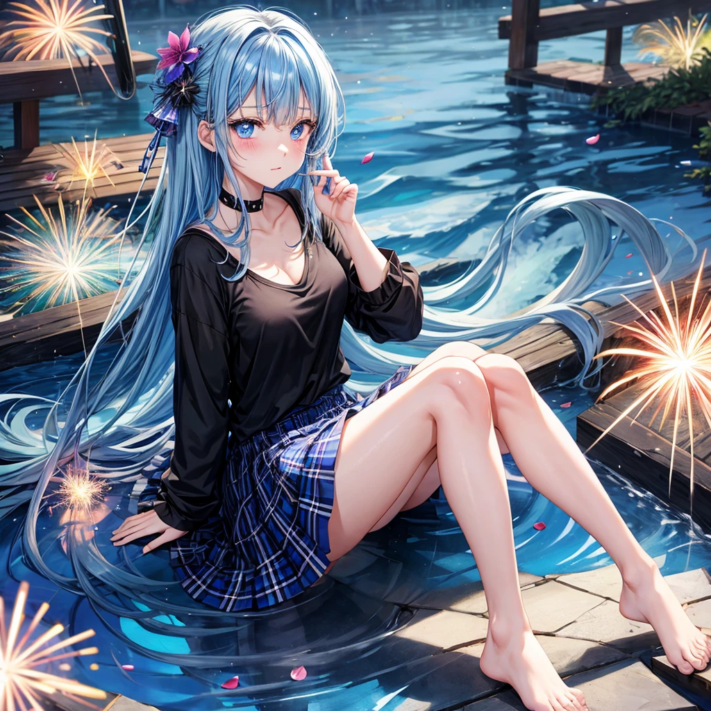 Blue-haired、blue eyess、one good looking girl、animesque、lightly dressed、Plaid miniskirt、flower petals、bare-legged、sparkler fireworks、wetting hair、Black T-shirt、sitting on、sea of clouds