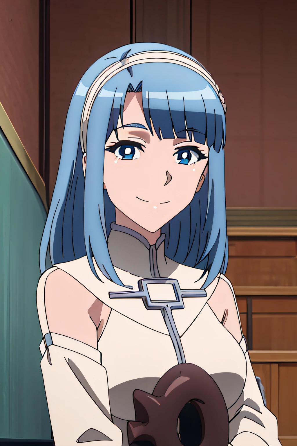 MEDHI, dress, detached sleeves, pantyhose, headband, 1girl, solo, upper body, facing viewer, looking at viewer, smile,