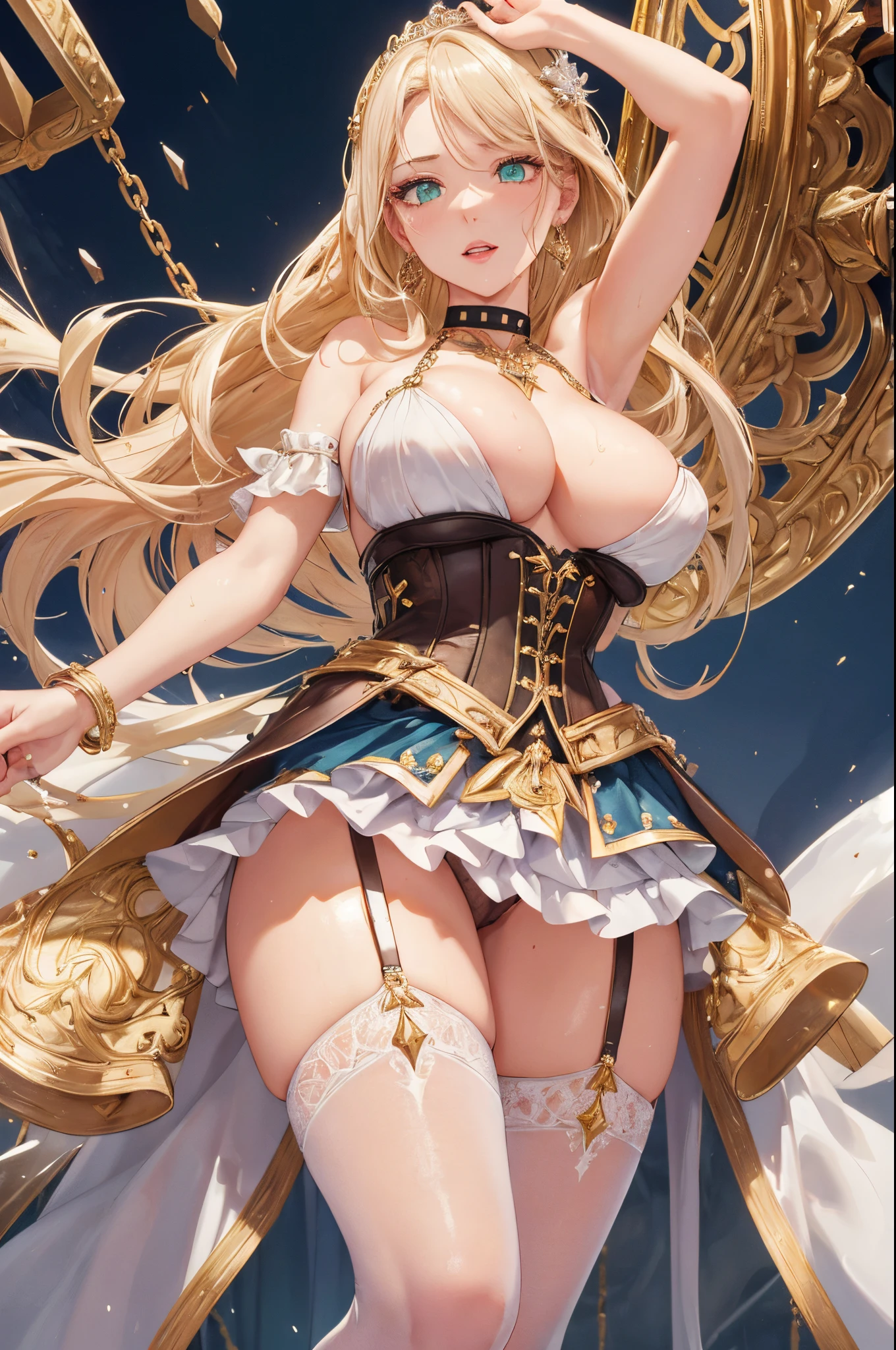 Master piece,best quality,ultra-detailed,high resolution,octane render,The overall image is of high quality, with a resolution of 8k.intricate details,absurdres,ultra hires,cute and beautiful girl,Female knigh,(1 girl),bishojyo,beautiful face,seductive young girl,female focus,full body,(perfect body),cool,kawaii,Her face is extremely detailed and expressive.the girl exudes confidence and elegance,Her pose and expression convey a sense of empowerment and strength.blonde hair,single braid,shining glossy hair;1.4,neat hairstyle,gold hair ornament,She has long eyelashes that add to her captivating appearance,(wide eyes:1.4,big bright green eyes,enchanting bright eyes studded with gold and silver dust,(finely detailed beautiful eyes),wet crystal eyes),symmetrical eyes,large highlighted eyes,pale eyes,forehead,light Red eyeshadow,highly detailed face and hair,a well-defined nose,pinky skin,glowing and smooth skin,faint lips,(plump lips,parted_lips),seductive and confident smile,standing with arms up,open mouth,pointy breasts,(very puffy soft breasts),{((perfect hand,hands with perfect five fingers,two beautiful perfectly shaped arms and legs,perfect anatomy:1.3))},(Brown corset,Silver Gauntlet,Blue Inner,Dark blue micro skirt),Tiara on the head,(white side-tie panties,garter belt,Stockings),silver thighlet,bare shoulders,expensive,allure pose,black Choker with chains,bracelet with chains,silver earrings,holding ornate longsword,Blushing face,emphasizing her facial expression and beautiful body lines,dynamic angle,from below,sweat,perspired,steam,wet,fantasy,creating a visually stunning effect,adding to the overall appeal,excited expression towards the camera,psychedelic,in Ancient Castle Garden