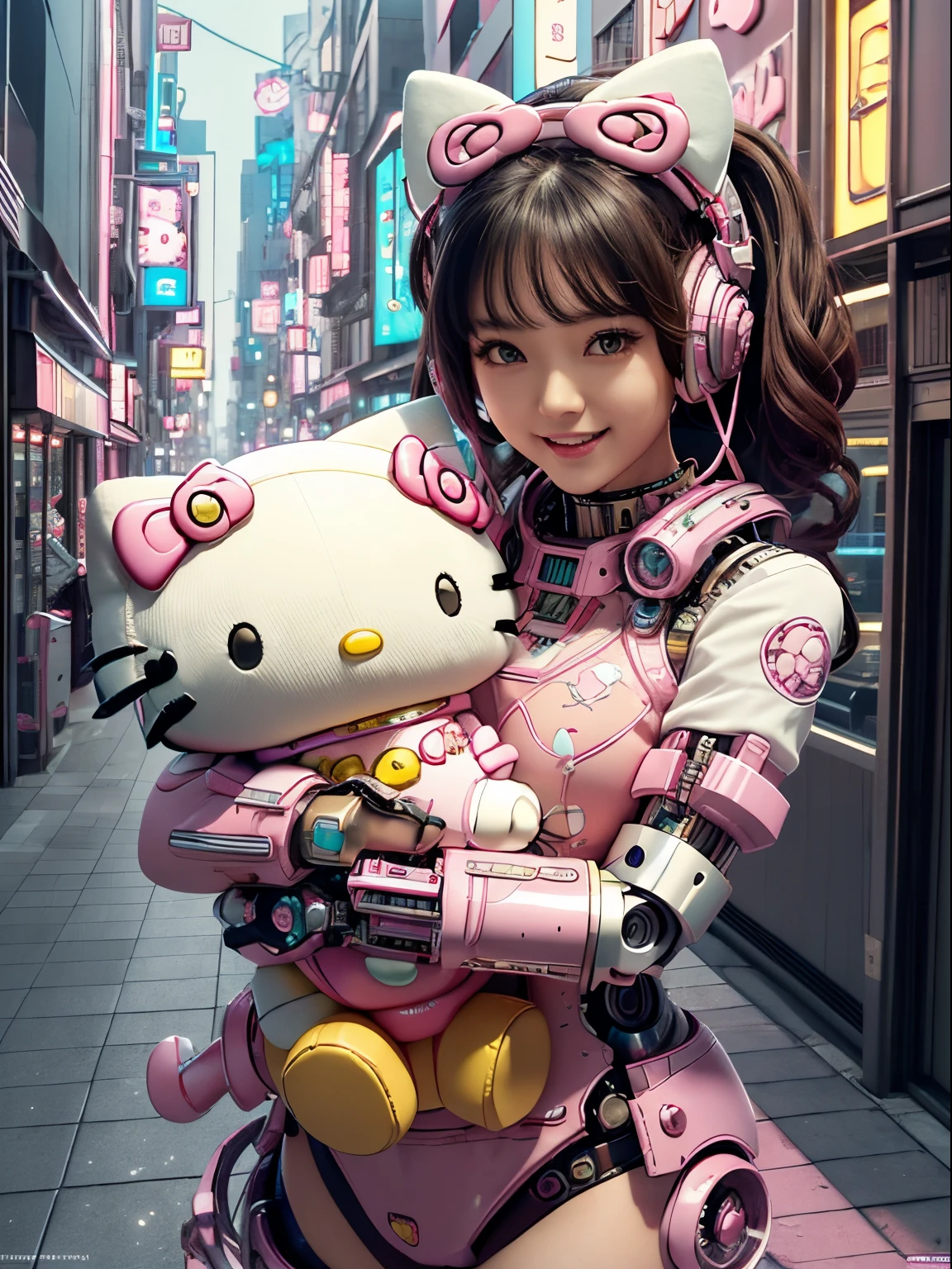 best quality, 4K wallpaper, masterpiece, extremely detailed CG unity 8k wallpaper, extremely detailed eyes, ultra-detailed, intricate details, 
1girl, scifi, (h1c4tt3ch mecha, hugging hello kitty doll, cyberpunk, neon city happy, smile, hello kitty, adorable, cute, dynamic pose