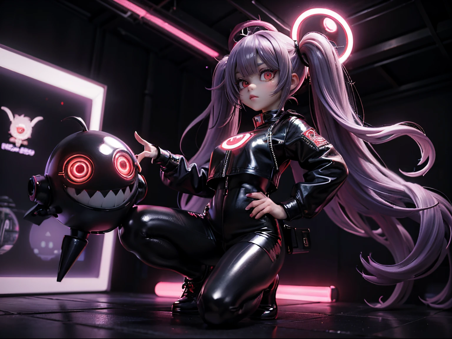 (A red-eyed girl with a cute oval white monster on her head:1.2)、bright purple twintail hair、Black leather suit、a black skirt、Black pants、Cyberpunk futuristic city with neon lights、deep in the night、Pitching form、Full body
