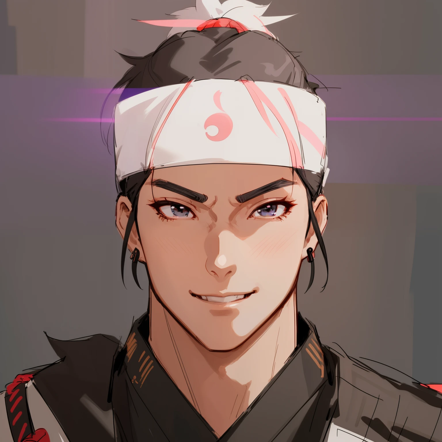 there is a pretty man wearing plan black shirt and small black earrings, anime character, 8k, anime style, close up character, character close up, portrait of a samurai, ninja warrior, anime character, character close-up, attractive anime face, unreal engine character art, male character, k pop, pretty smile, city background,