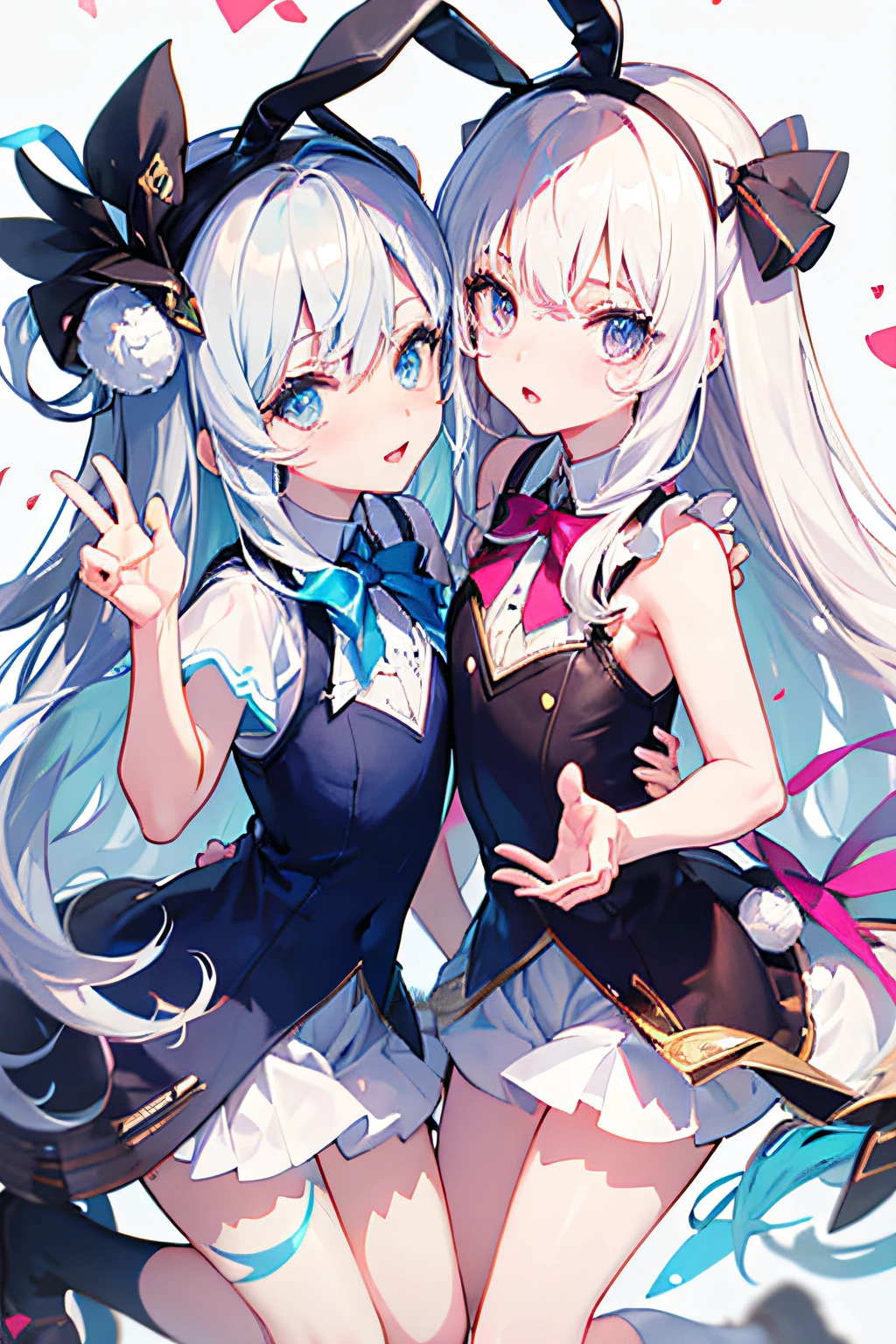 ((Best quality at best)), ((tmasterpiece)), (fluffy short bunny ears, White hair, dark strong blue eye, Anime manga girl, White-colored skin, with a round face, Round Chin, Round eyes, White dress, white knee-socks, Full body lesbian, sliver long hair, Light blue bow on neckline, pink blush, Anime cute art style,Bright background ), It's a perfect face