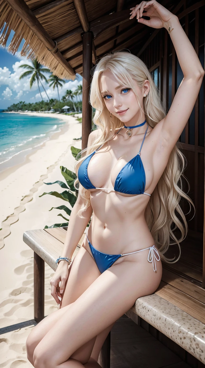 27 year old white woman、platinum-blonde、blue eyess、Semi-long、My hair is wavy、completely nude woman、completely pubic hair、Fully grown armpit hair、accessories on the wrist、wearing a choker、a smile、Chest Pochi、I&#39;m at a tropical resort hotel、wearing bikini、I'm wearing pin heels