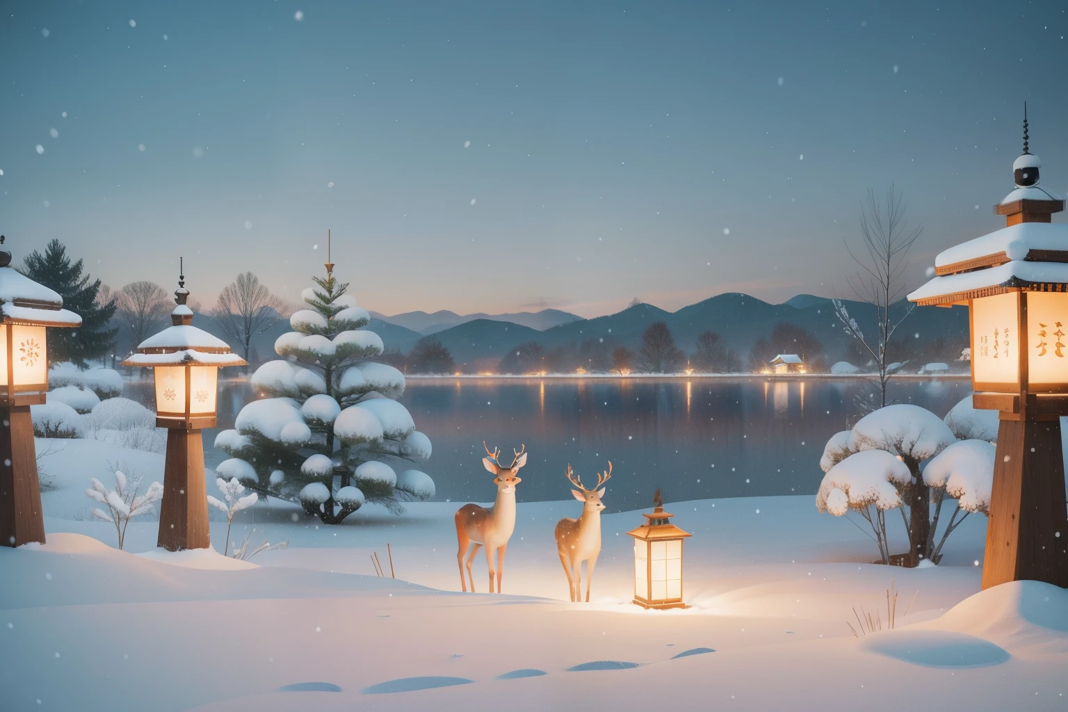 Year: 2022. Setting: Snowy Lantern Festival in Nara Park, Japan.
*Description: Under the soft glow of lanterns, people in winter layers wander through Nara Park's snowy landscape. Deer adorned with tiny lights add a whimsical touch, and the serene surroundings reflect the enchanting beauty of a Japanese winter day with pre-Raphaelite elegance and Wes Anderson's calming palette.