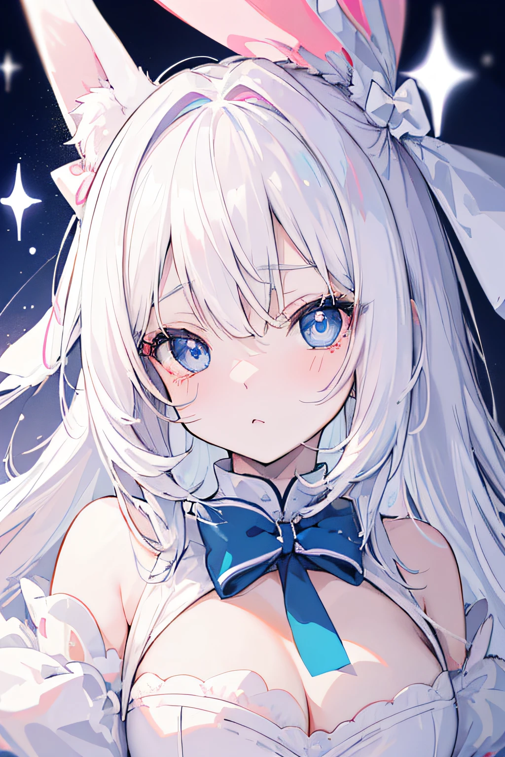 ((Best quality at best)), ((tmasterpiece)), (fluffy short bunny ears, White hair, dark strong blue eye, Anime manga girl, White-colored skin, with a round face, Round Chin, Round eyes, White dress, sliver long hair, Blue bow on neckline, cheek pink blush, Anime cute art style,), It's a perfect face
