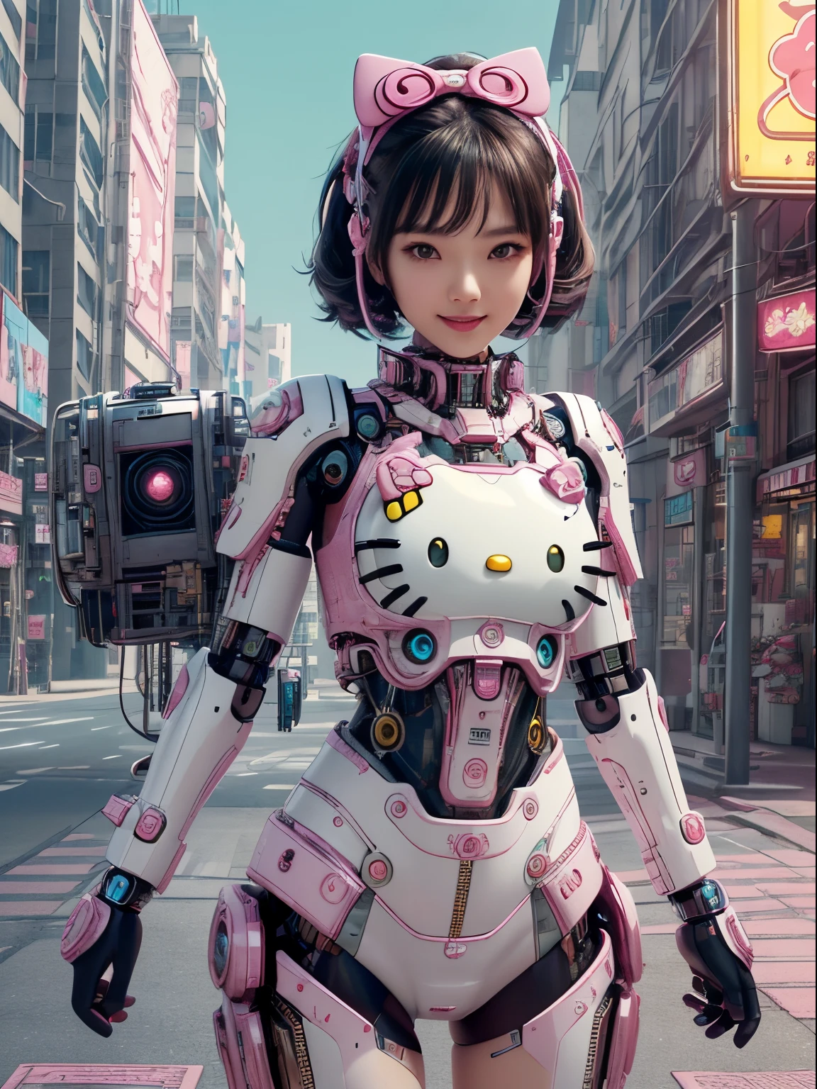 best quality, 4K wallpaper, masterpiece, extremely detailed CG unity 8k wallpaper, extremely detailed eyes, ultra-detailed, intricate details, 
1girl, scifi, (h1c4tt3ch mecha, cyberpunk, neon city happy, smile, hello kitty, adorable, cute,