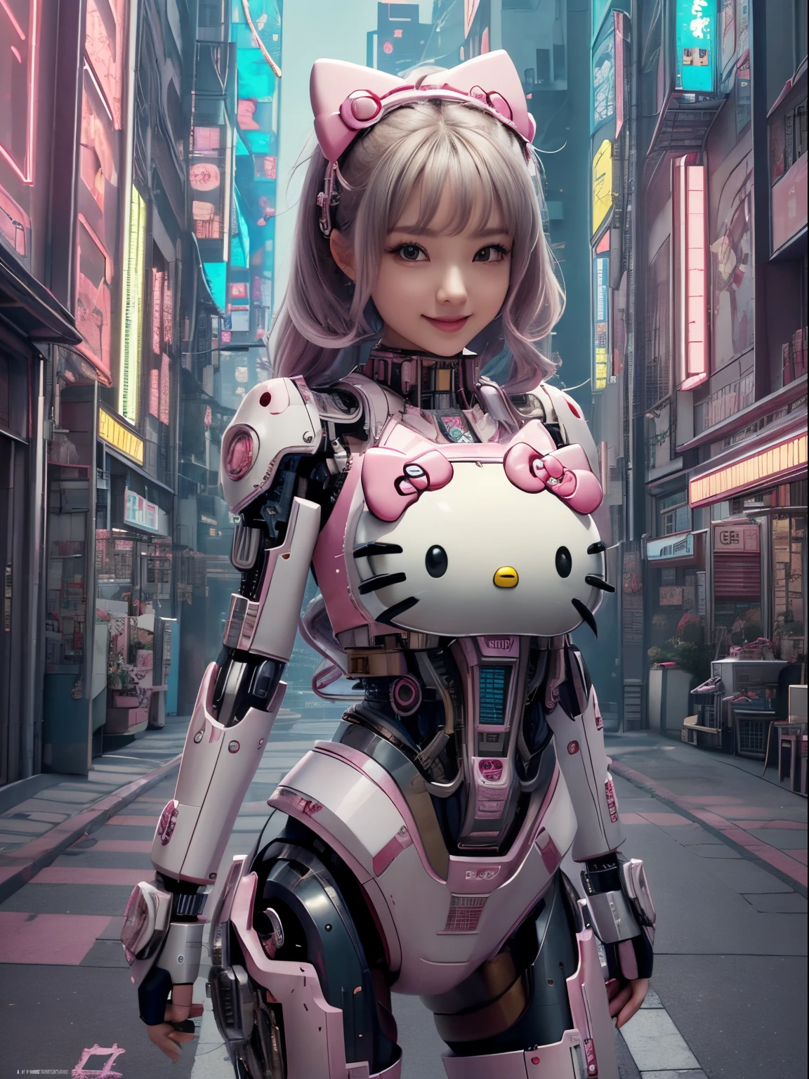 best quality, 4K wallpaper, masterpiece, extremely detailed CG unity 8k wallpaper, extremely detailed eyes, ultra-detailed, intricate details, 
1girl, scifi, (h1c4tt3ch mecha, cyberpunk, neon city happy, smile, hello kitty, adorable, cute,