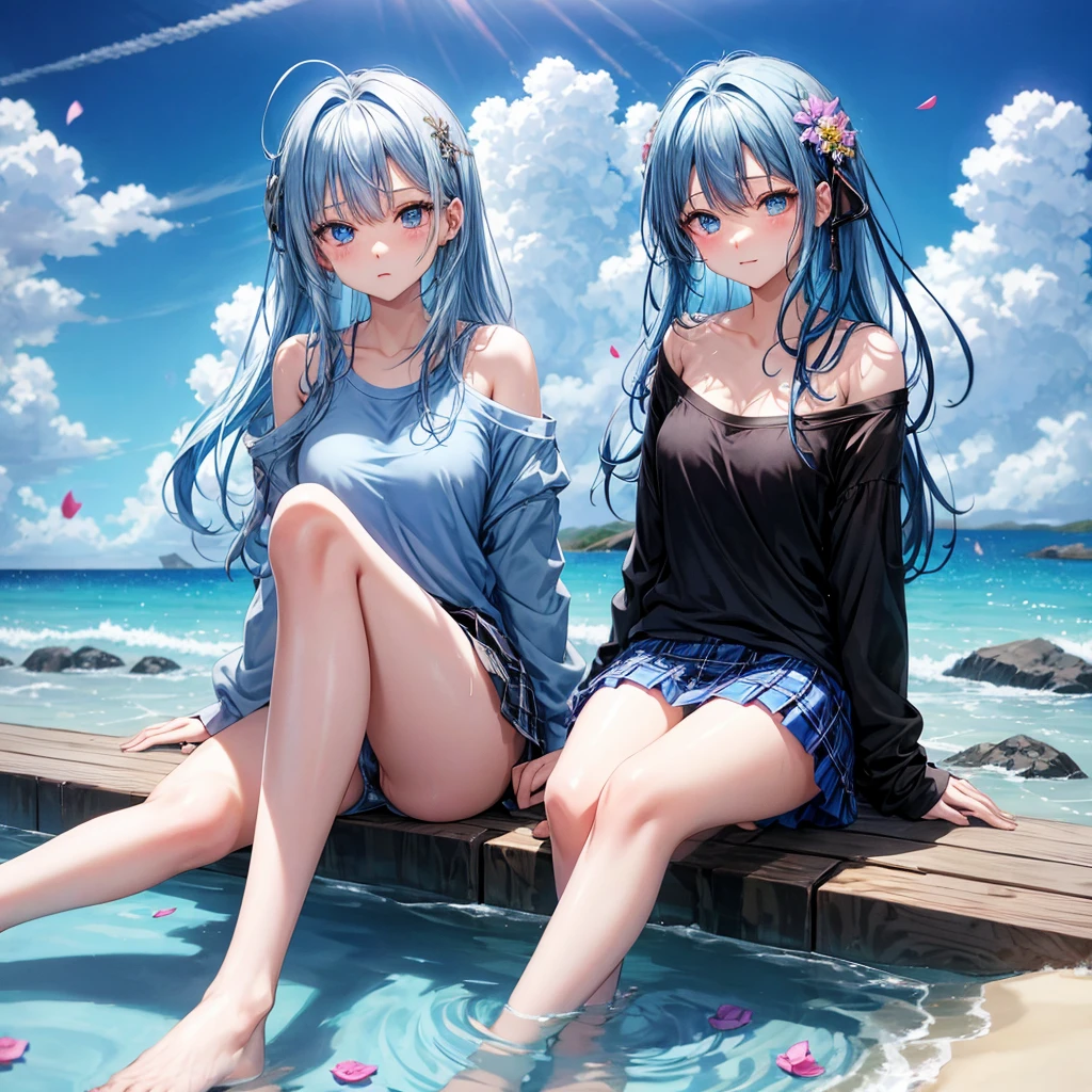 Blue-haired、blue eyess、one good looking girl、animesque、lightly dressed、Plaid miniskirt、flower petals、bare-legged、wetting hair、Black T-shirt、sitting on、sea of clouds