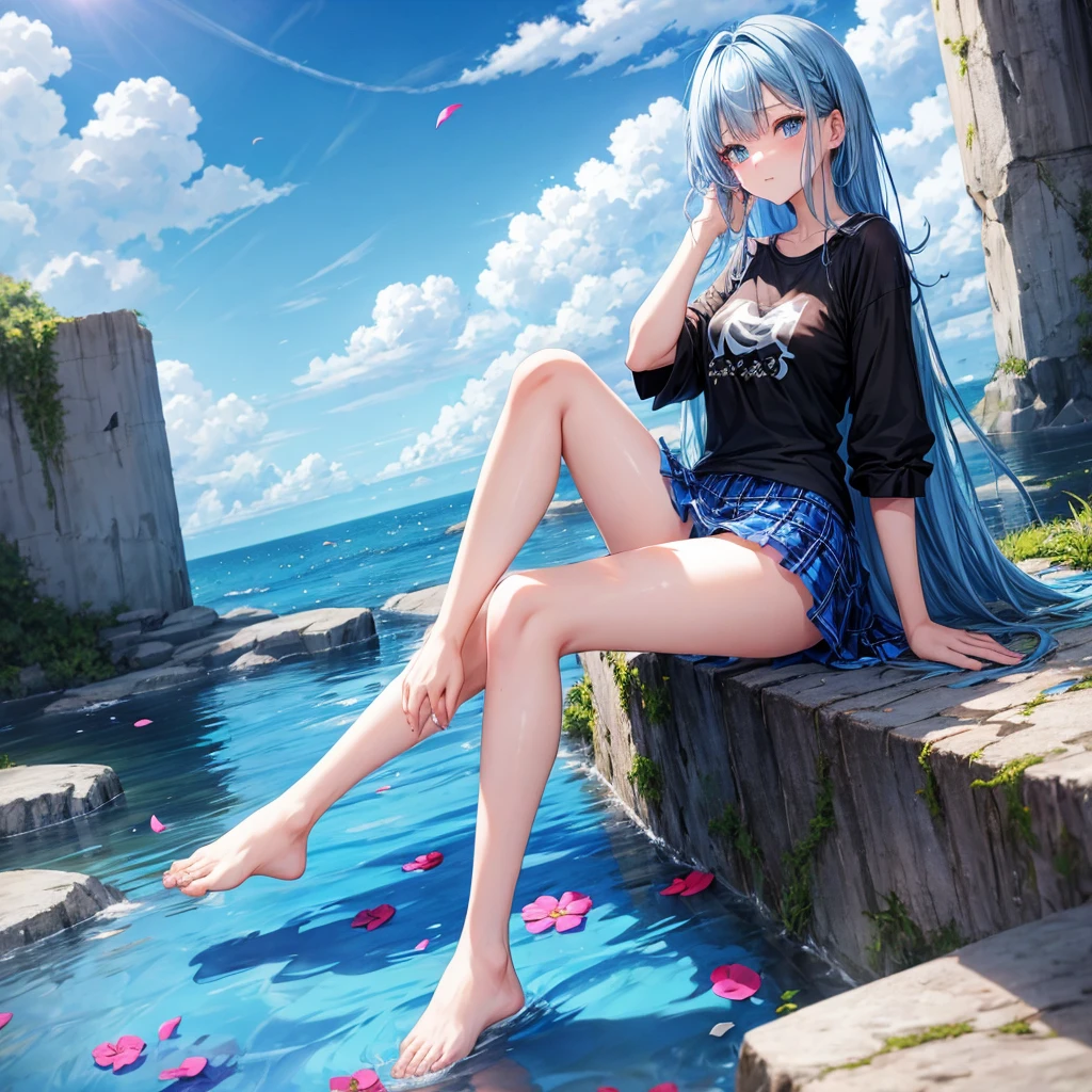 Blue-haired、blue eyess、one good looking girl、animesque、lightly dressed、Plaid miniskirt、flower petals、bare-legged、wetting hair、Black T-shirt、sitting on、sea of clouds