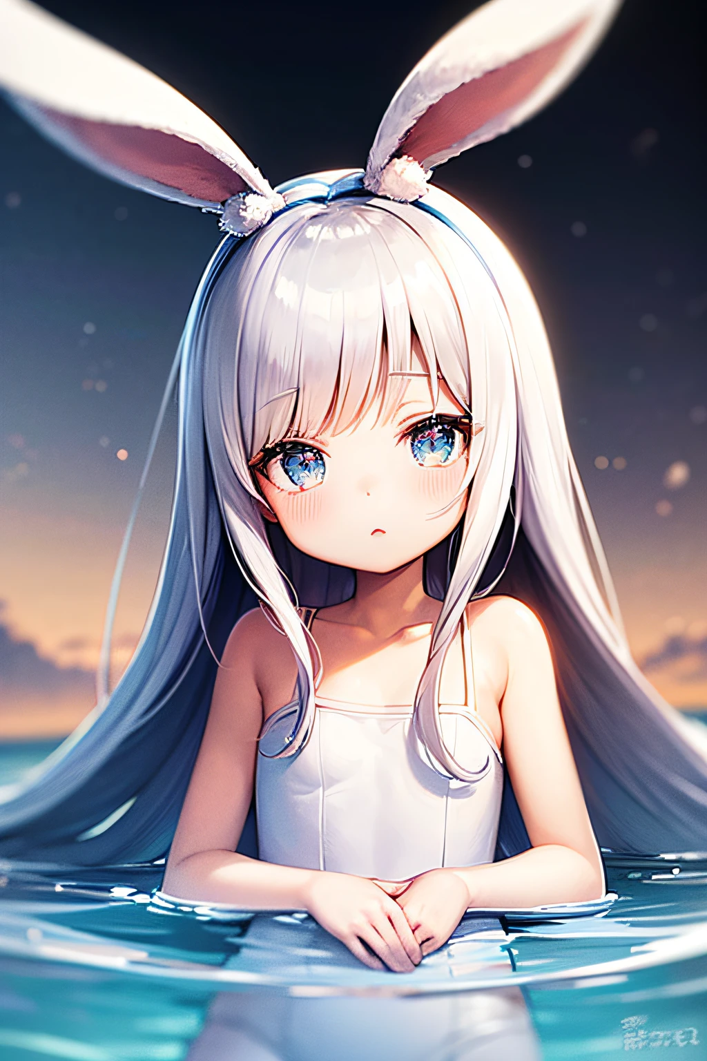 ((Best quality at best)), ((tmasterpiece)), (fluffy short bunny ears, White hair, dark strong blue eye, Anime manga girl, White-colored skin, with a round face, Round Chin, Round eyes, bathing suit, sliver long hair, Light blue bow on neckline, pink blush, Anime cute art style,seaside backgroud ), It's a perfect face