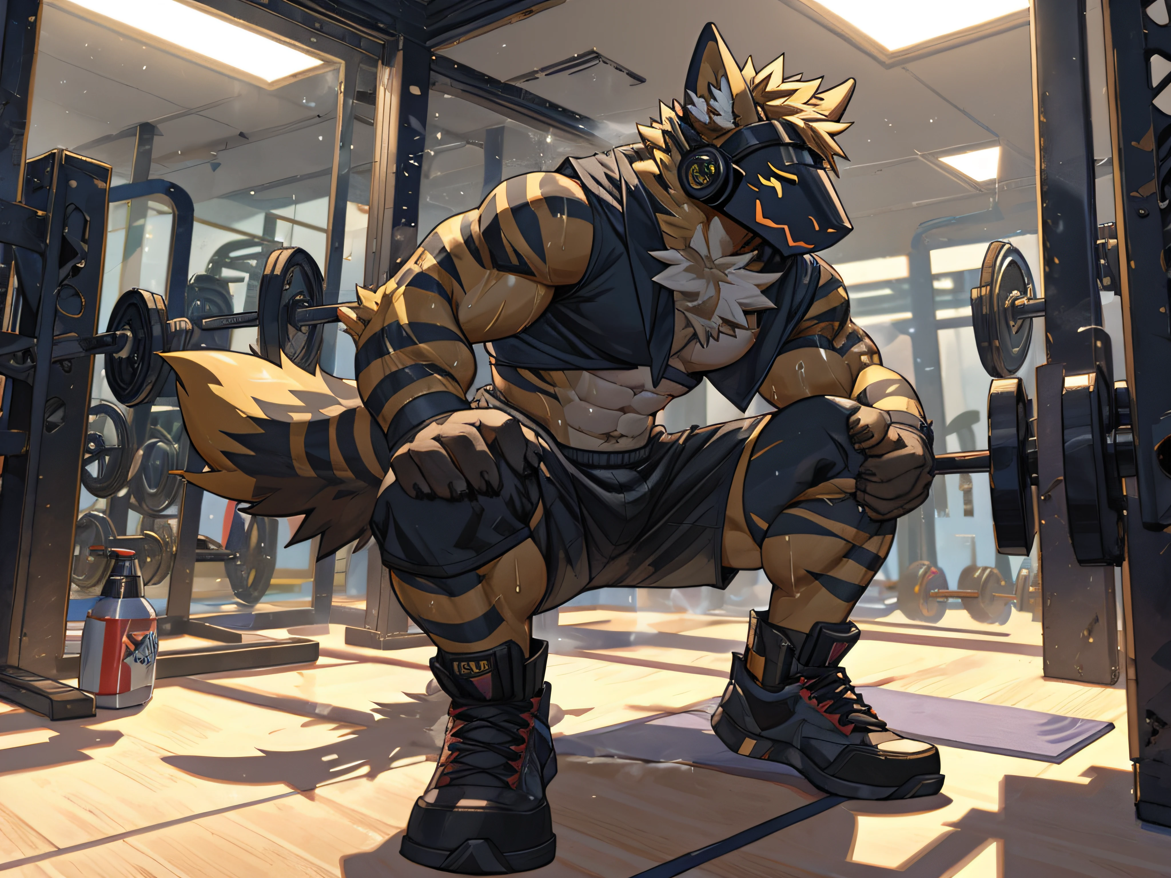 Protogens,bara,masculine,The fur is dark yellow with a black stripe at the tip..,muscular,Go out and exercise alone.,No shirt., Just black shorts.,There are sweat stains on the body..,There was a little steam coming out of his mouth..