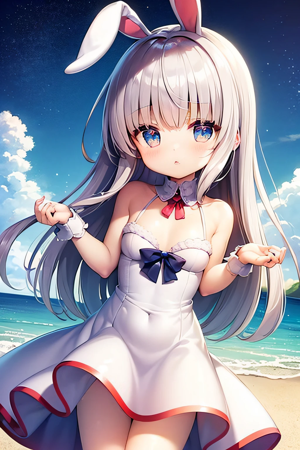 ((Best quality)), ((tmasterpiece)), (fluffy short bunny ears, White hair, dark strong blue eye, Anime manga girl, White-colored skin, with a round face, Round Chin, Round eyes, White dress, sliver long hair, Light blue bow on neckline, pink blush, Anime cute art style,seaside backgroud ), is a perfect face
