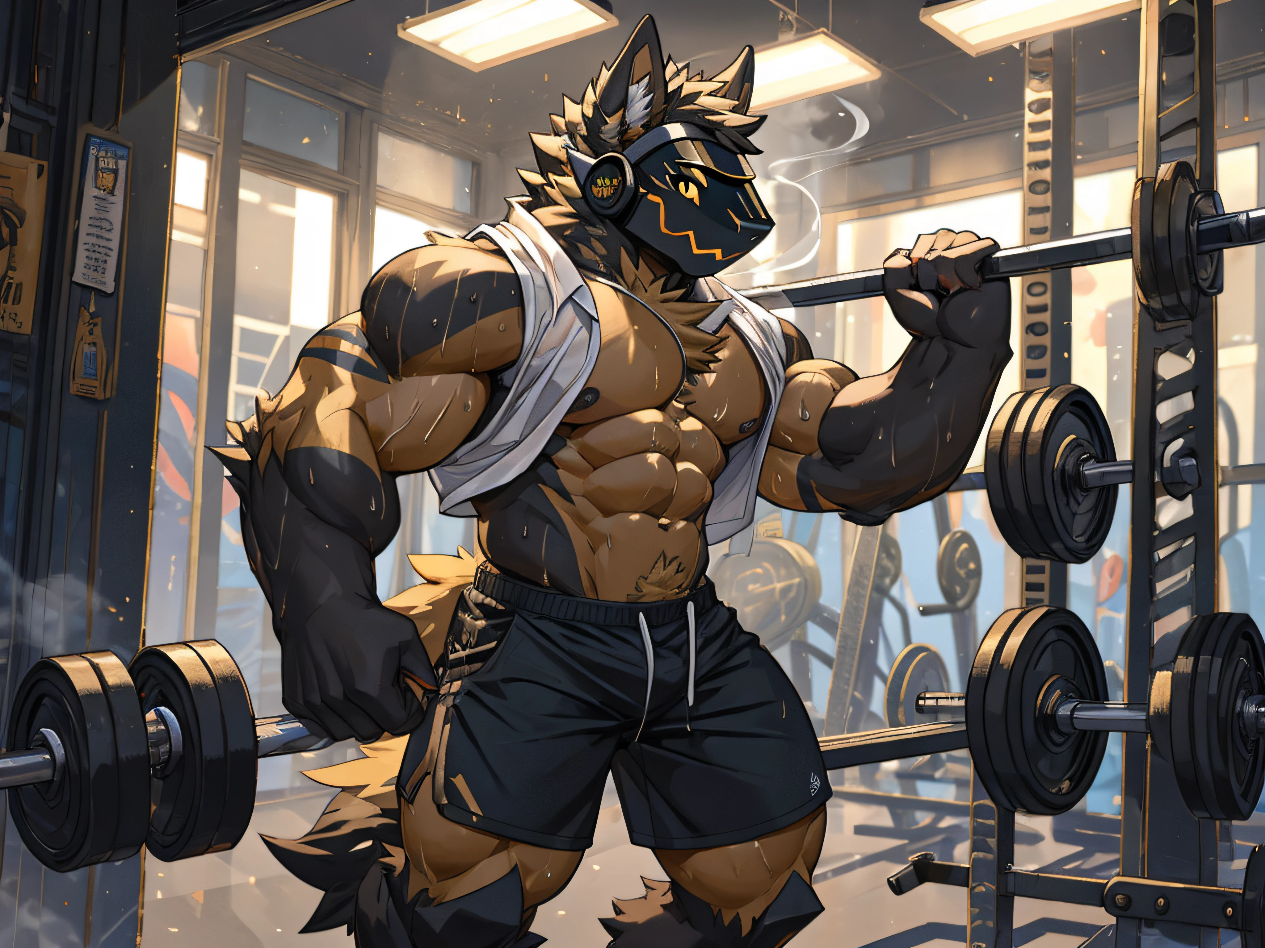 Protogens,bara,masculine,The fur is dark yellow with a black stripe at the tip..,muscular,Go out and exercise alone.,No shirt., Just black shorts.,There are sweat stains on the body..,There was a little steam coming out of his mouth..