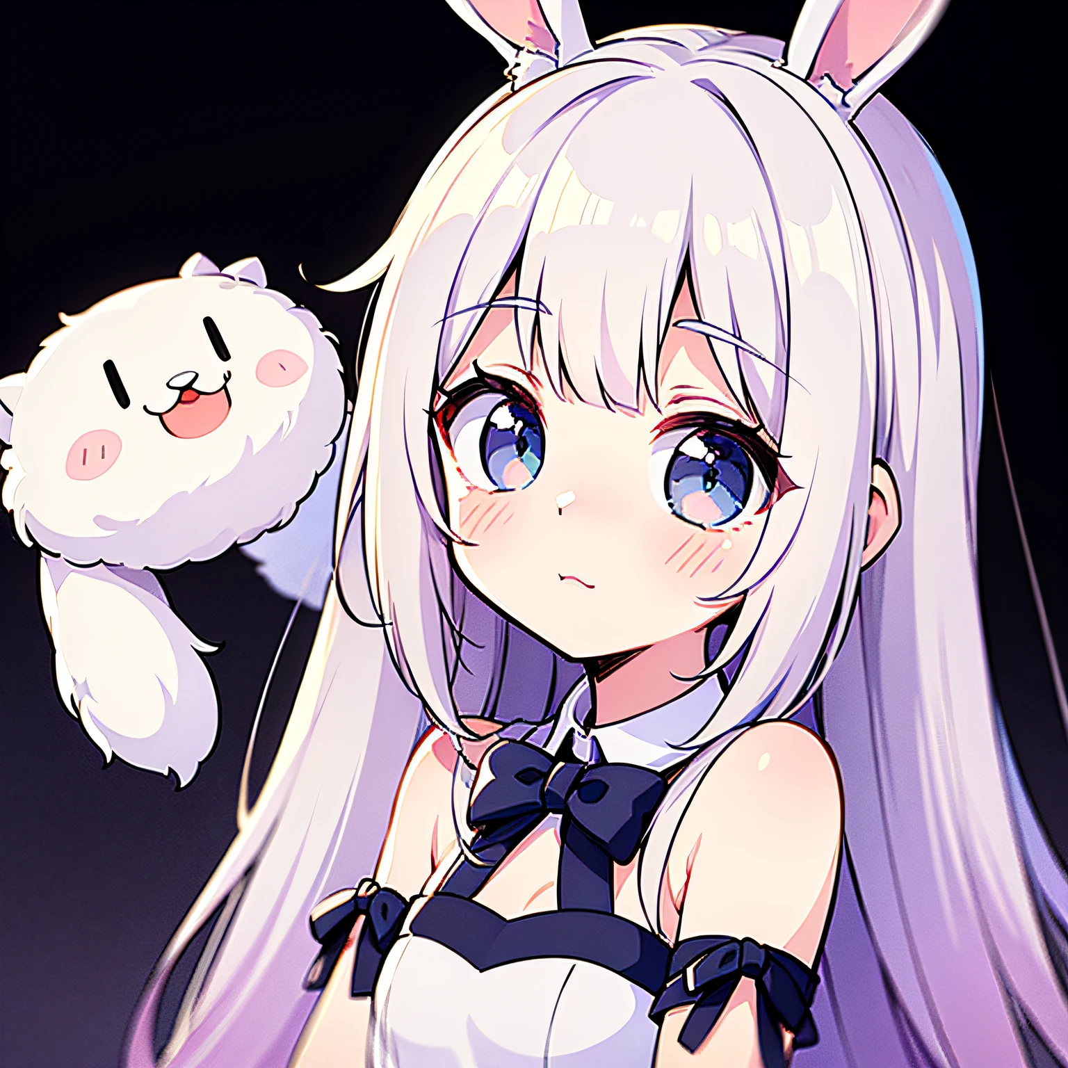 ((Best quality)), ((tmasterpiece)), (fluffy short bunny ears, White hair, dark strong blue eye, Anime manga girl, White-colored skin, with a round face, Round Chin, Round eyes, White dress, sliver long hair, Light blue bow on neckline, pink blush, kawaii realistic portrait, Anime cute art style, ), is a perfect face